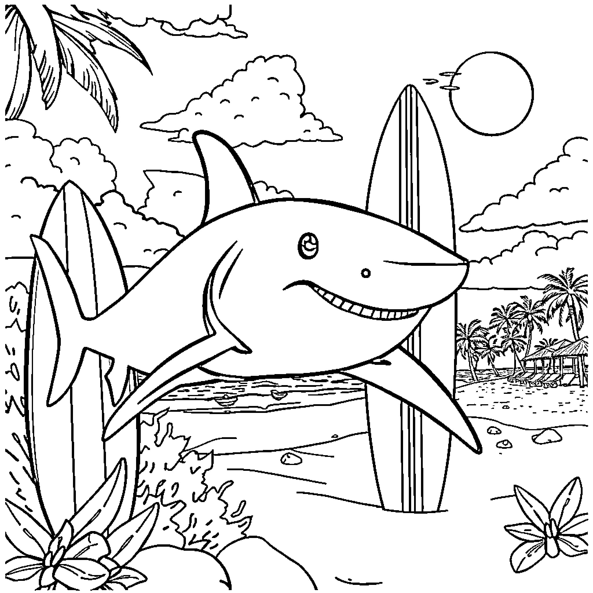 Shark swimming near tropical beach with surfboards Coloring Page (free black-and-white line drawing printable PDF for all, from beginners to advanced learners, including children, teens, adults, and seniors)