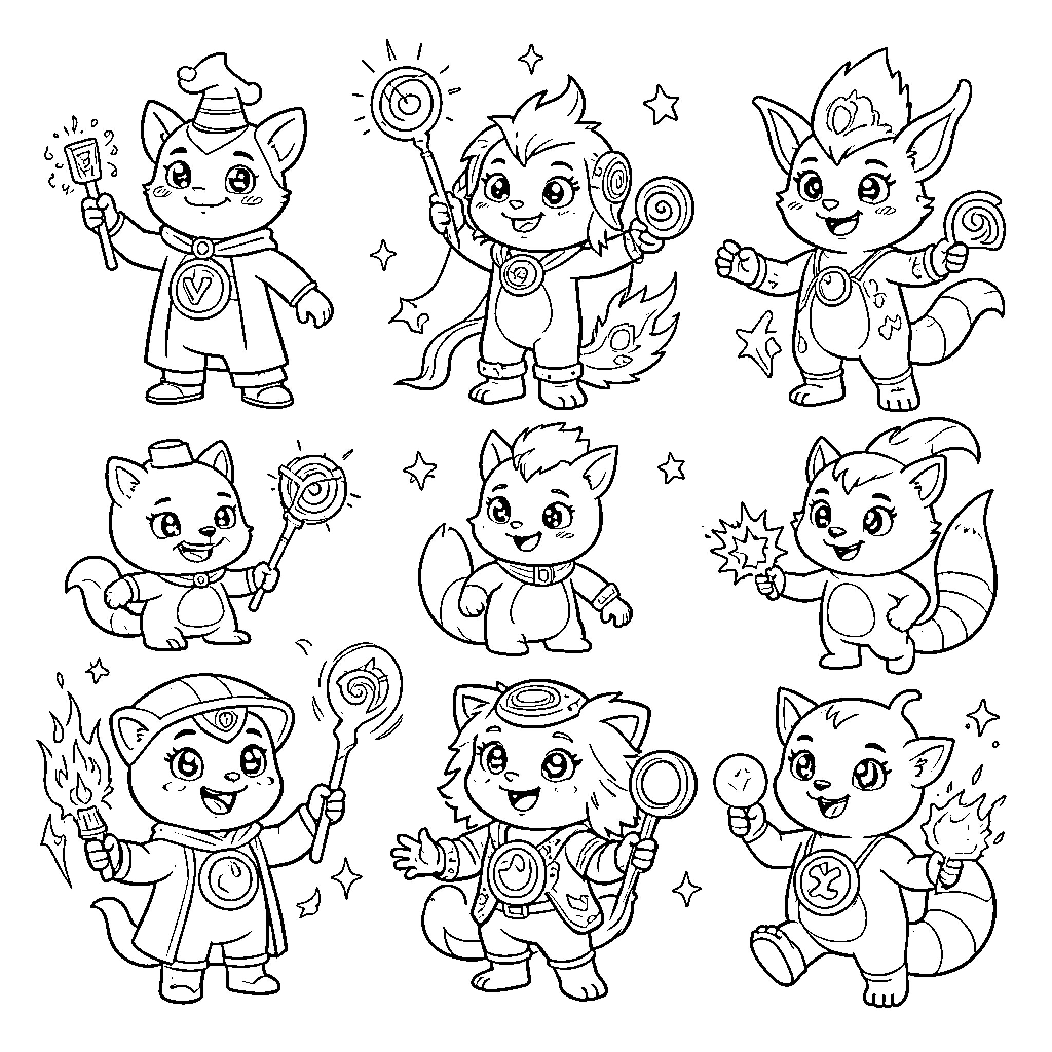 Superzings playing with various toys and accessories Coloring Page (free black-and-white line drawing printable PDF for all, from beginners to advanced learners, including children, teens, adults, and seniors)