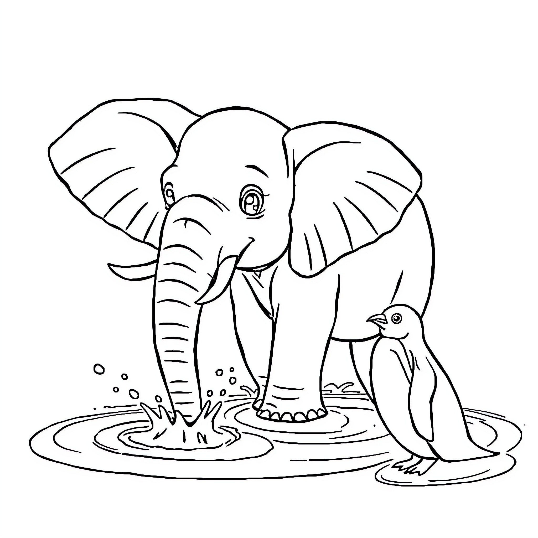 Elephant splashing playfully with a penguin friend Coloring Page (free black-and-white line drawing printable PDF for all, from beginners to advanced learners, including children, teens, adults, and seniors)