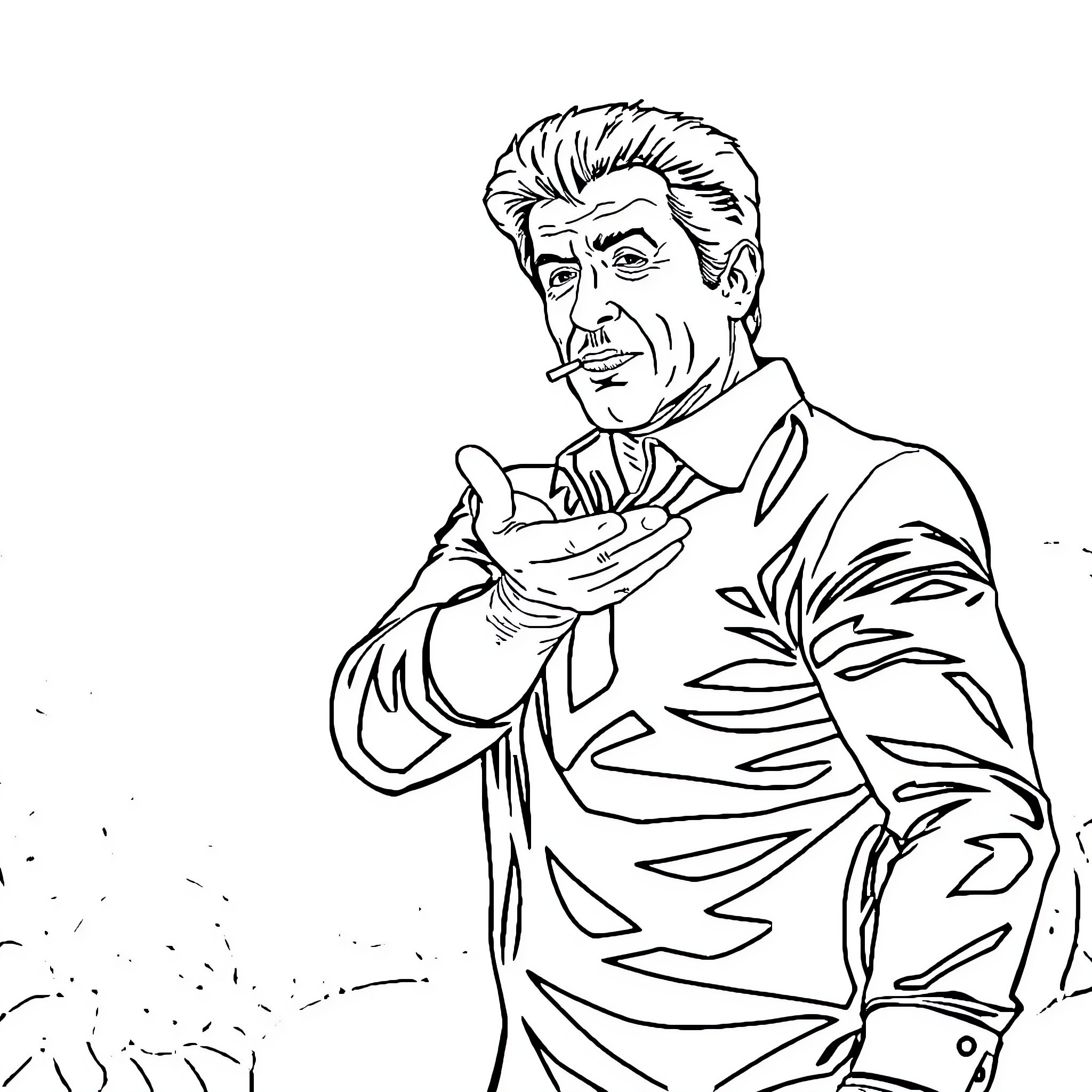 Sylvester Stallone in a serious, contemplative pose Coloring Page (free black-and-white line drawing printable PDF for all, from beginners to advanced learners, including children, teens, adults, and seniors)