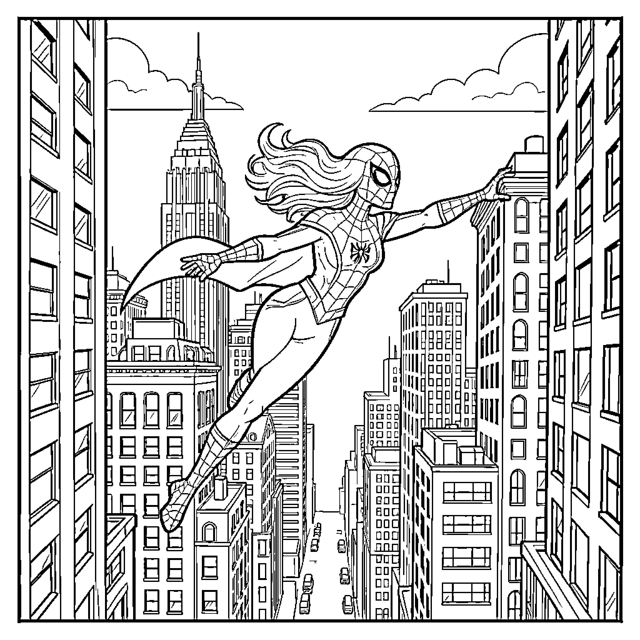 Spider Gwen swinging between skyscrapers in a city Coloring Page (free black-and-white line drawing printable PDF for all, from beginners to advanced learners, including children, teens, adults, and seniors)