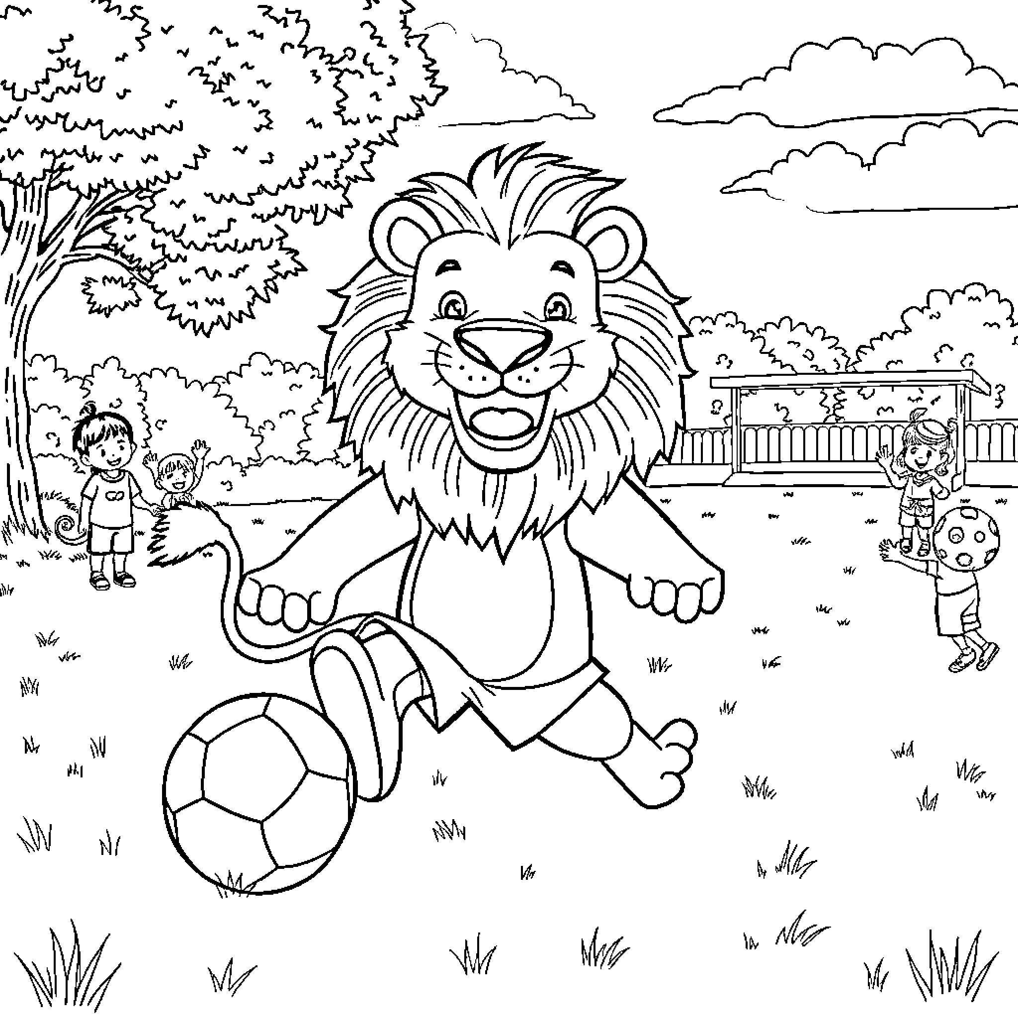 Roary the Lion Plays with Children and Soccer Ball Coloring Page (free black-and-white line drawing printable PDF for all, from beginners to advanced learners, including children, teens, adults, and seniors)