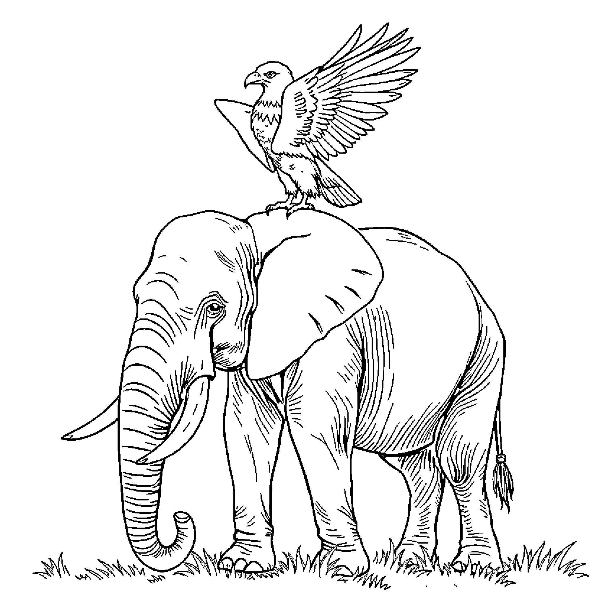 Eagle perched atop majestic elephant in wild Coloring Page (free black-and-white line drawing printable PDF for all, from beginners to advanced learners, including children, teens, adults, and seniors)