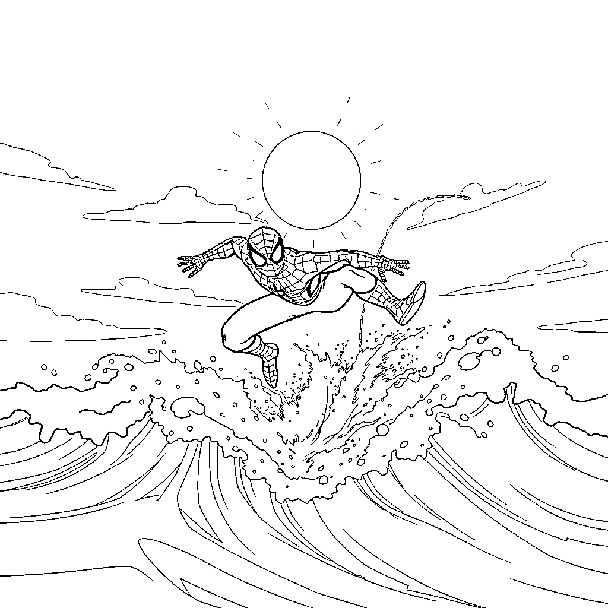 Spiderman web-slinging through crashing waves Coloring Page (free black-and-white line drawing printable PDF for all, from beginners to advanced learners, including children, teens, adults, and seniors)