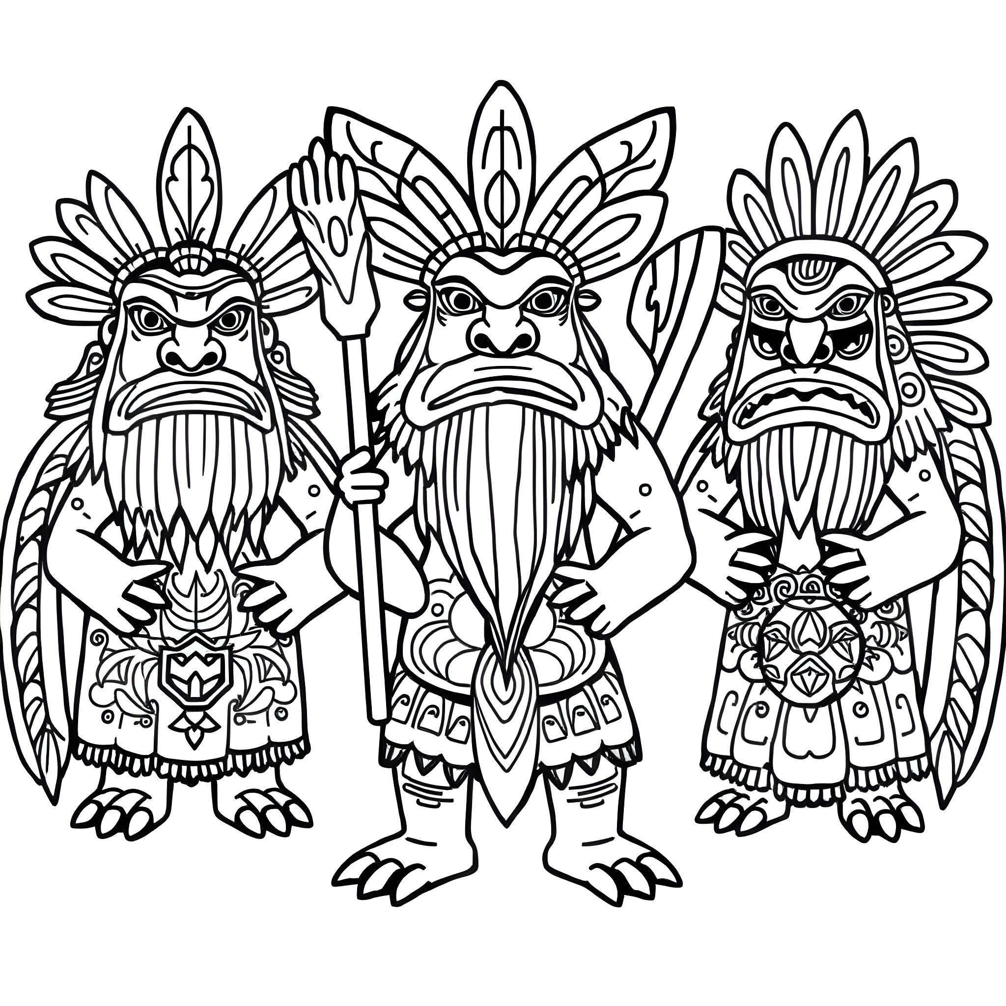Maori Gods in Ceremonial Attire Coloring Page (free black-and-white line drawing printable PDF for all, from beginners to advanced learners, including children, teens, adults, and seniors)