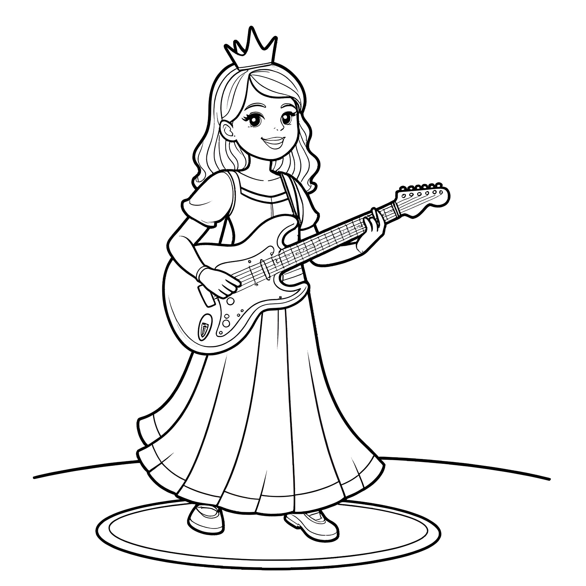 Princess playing electric guitar joyfully Coloring Page (free black-and-white line drawing printable PDF for all, from beginners to advanced learners, including children, teens, adults, and seniors)