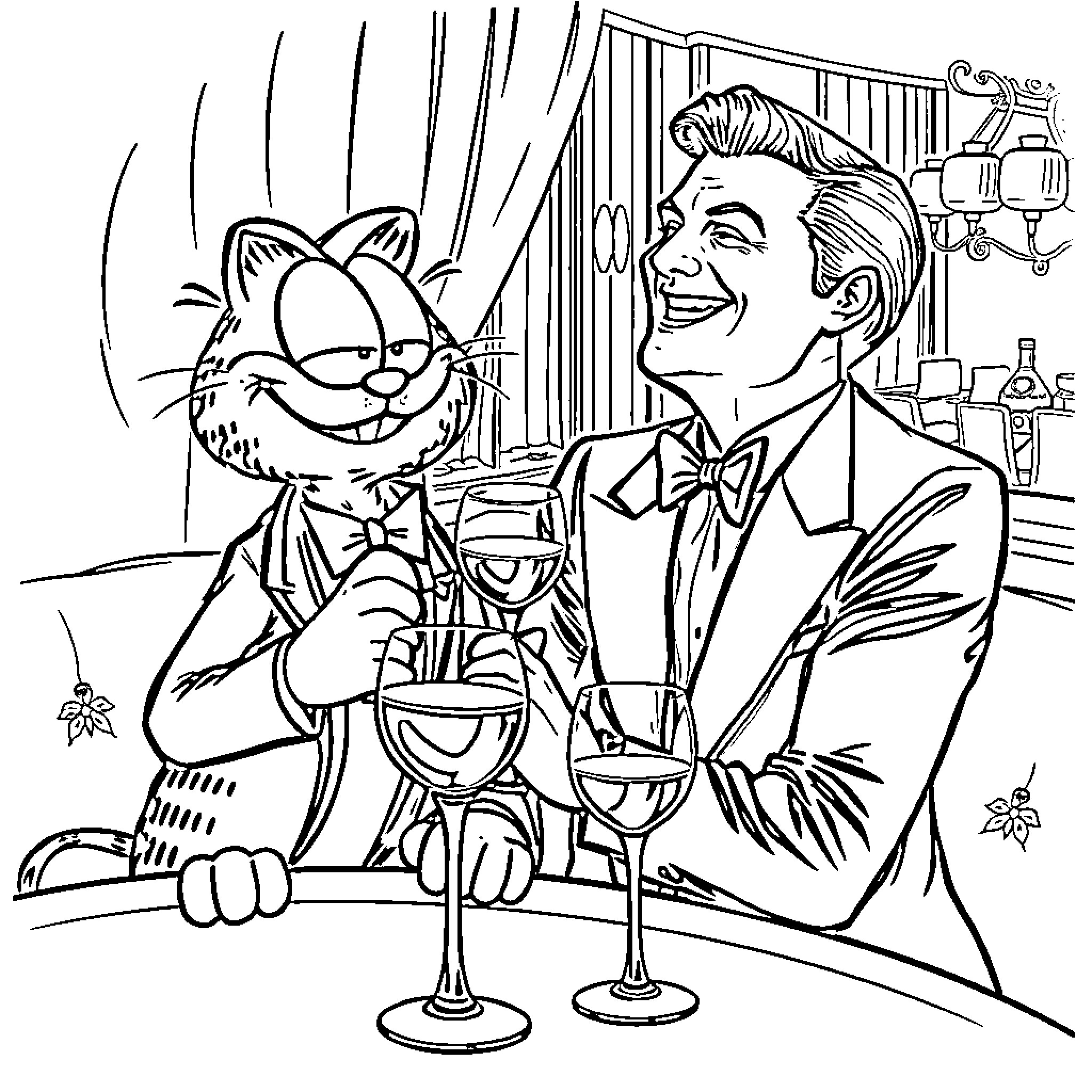 Garfield's Dinner Date with a Smiling Gentleman Coloring Page (free black-and-white line drawing printable PDF for all, from beginners to advanced learners, including children, teens, adults, and seniors)