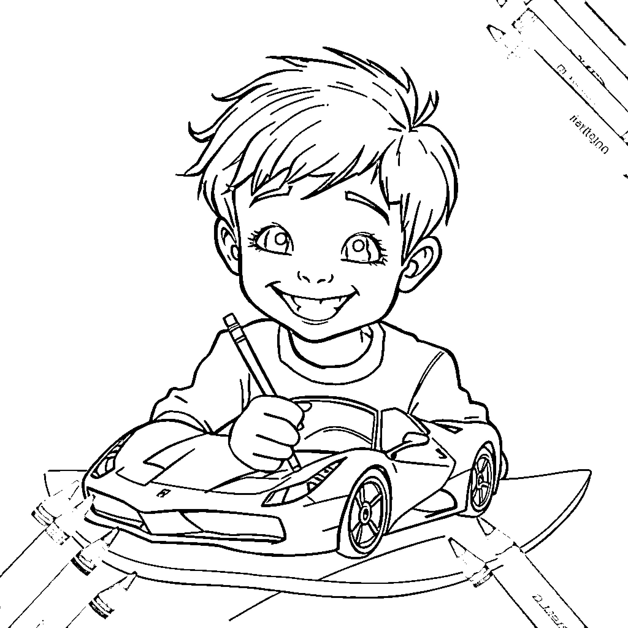 Ferrari enthusiast boy drawing car design Coloring Page (free black-and-white line drawing printable PDF for all, from beginners to advanced learners, including children, teens, adults, and seniors)