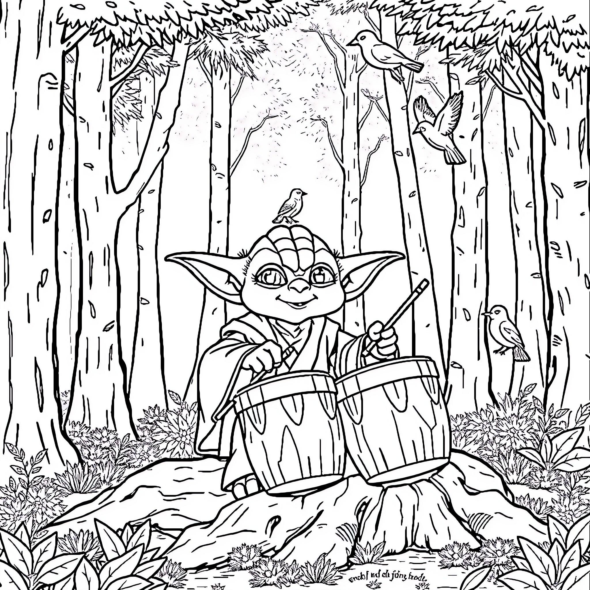 Yoda meditating in the enchanted forest Coloring Page (free black-and-white line drawing printable PDF for all, from beginners to advanced learners, including children, teens, adults, and seniors)