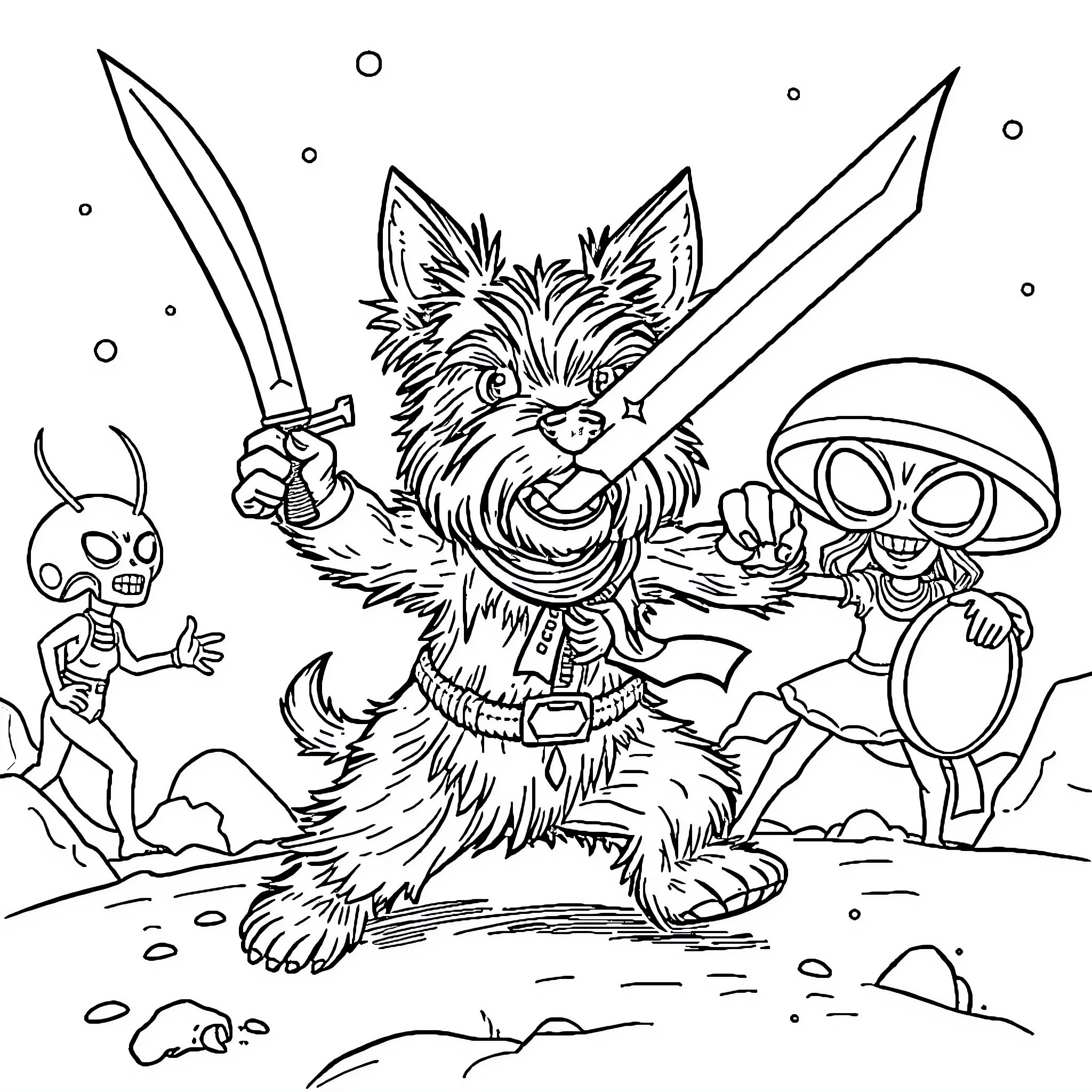 Yorkshire Terrier Warrior Facing Alien Adversaries Coloring Page (free black-and-white line drawing printable PDF for all, from beginners to advanced learners, including children, teens, adults, and seniors)