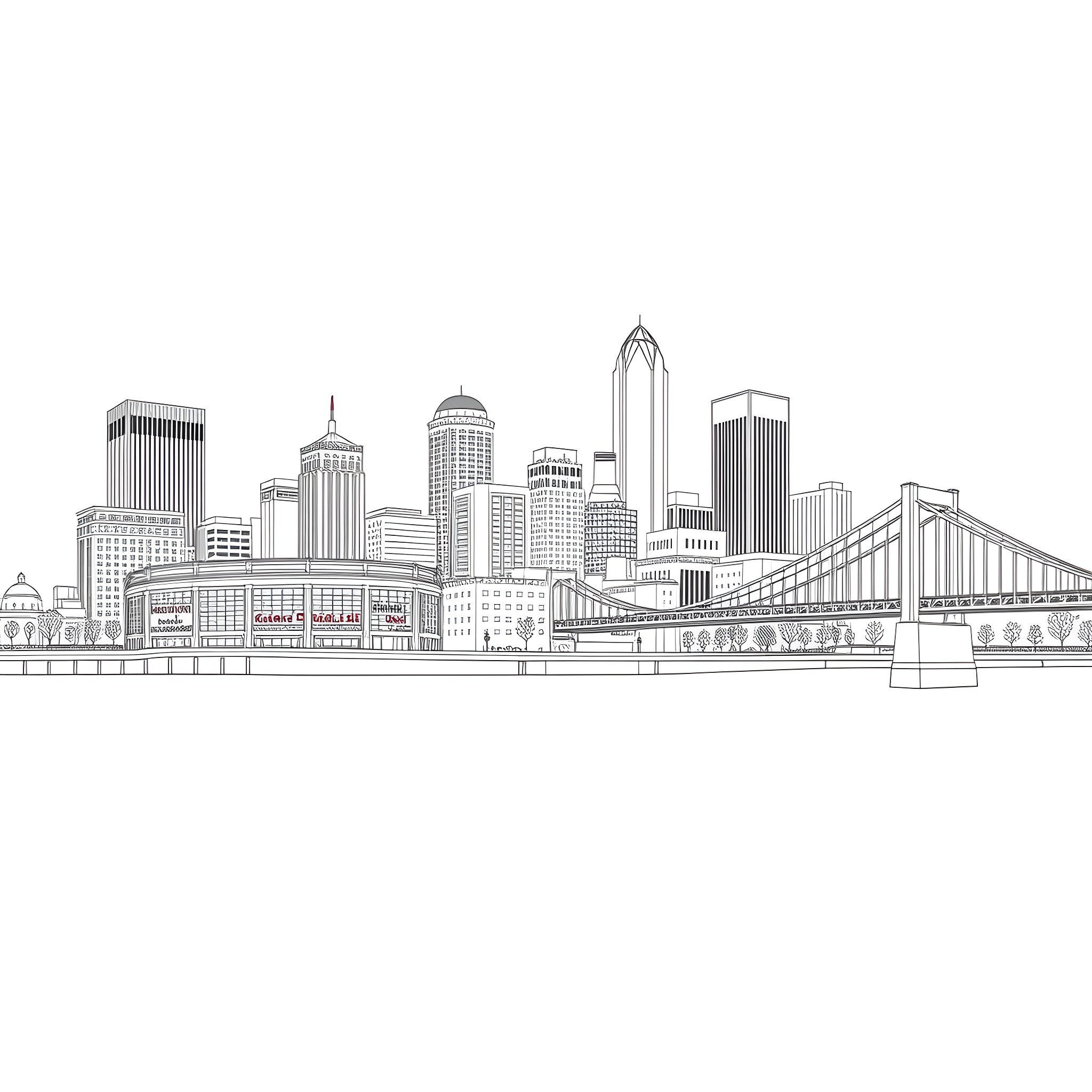 Cincinnati skyline of modern buildings and bridges Coloring Page (free black-and-white line drawing printable PDF for all, from beginners to advanced learners, including children, teens, adults, and seniors)