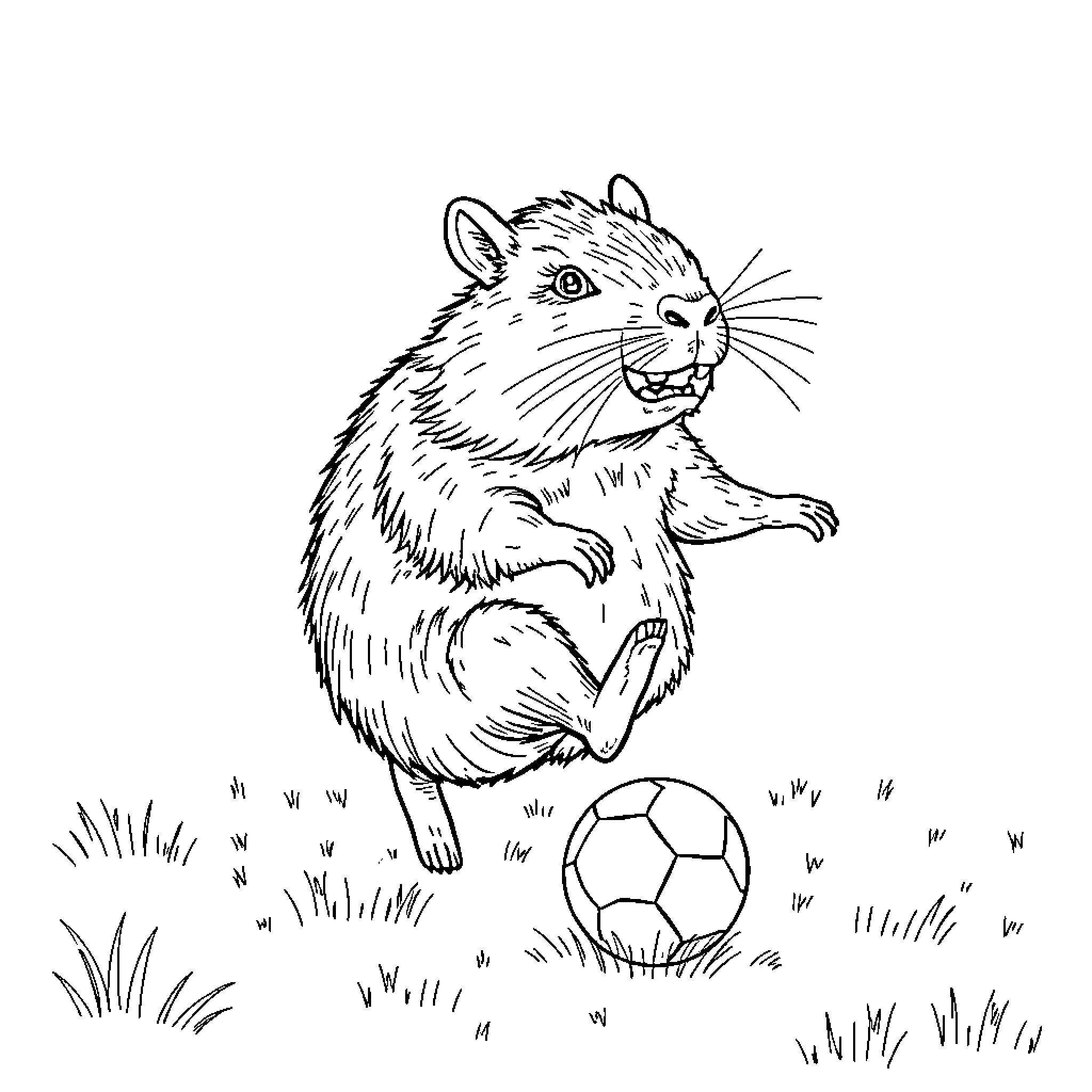 Capybara playing with soccer ball in the meadow Coloring Page (free black-and-white line drawing printable PDF for all, from beginners to advanced learners, including children, teens, adults, and seniors)