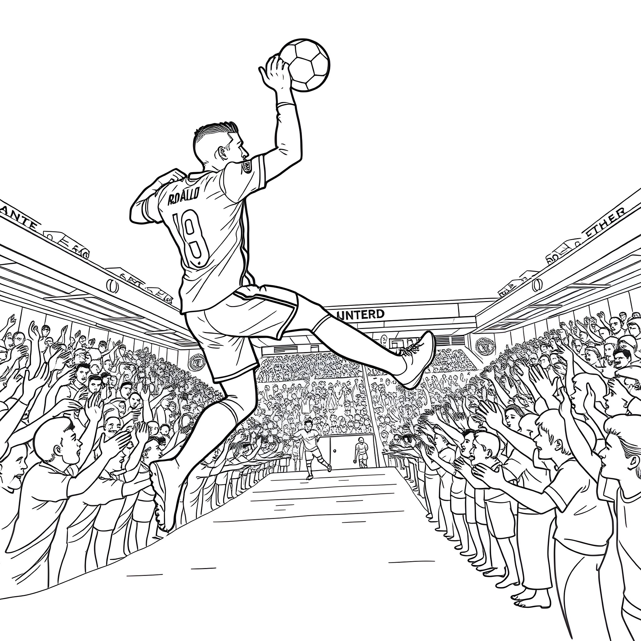 Cristiano Ronaldo performing acrobatic goal celebration in stadium Coloring Page (free black-and-white line drawing printable PDF for all, from beginners to advanced learners, including children, teens, adults, and seniors)