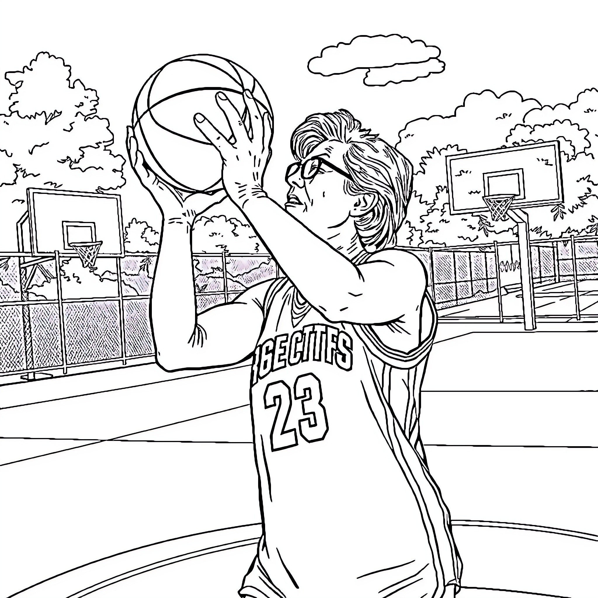 Meryl Streep Playing Basketball on the Court Coloring Page (free black-and-white line drawing printable PDF for all, from beginners to advanced learners, including children, teens, adults, and seniors)