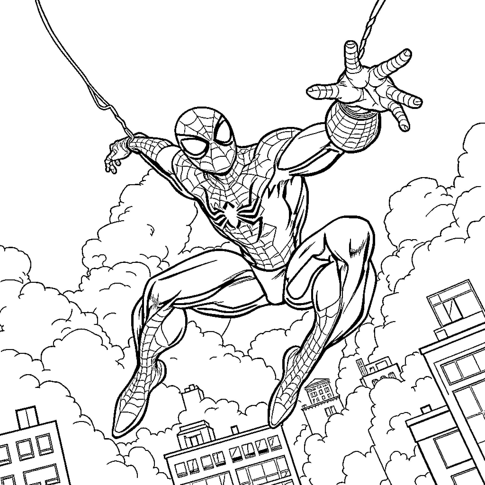 Spider-Man swinging through the city in action Coloring Page (free black-and-white line drawing printable PDF for all, from beginners to advanced learners, including children, teens, adults, and seniors)