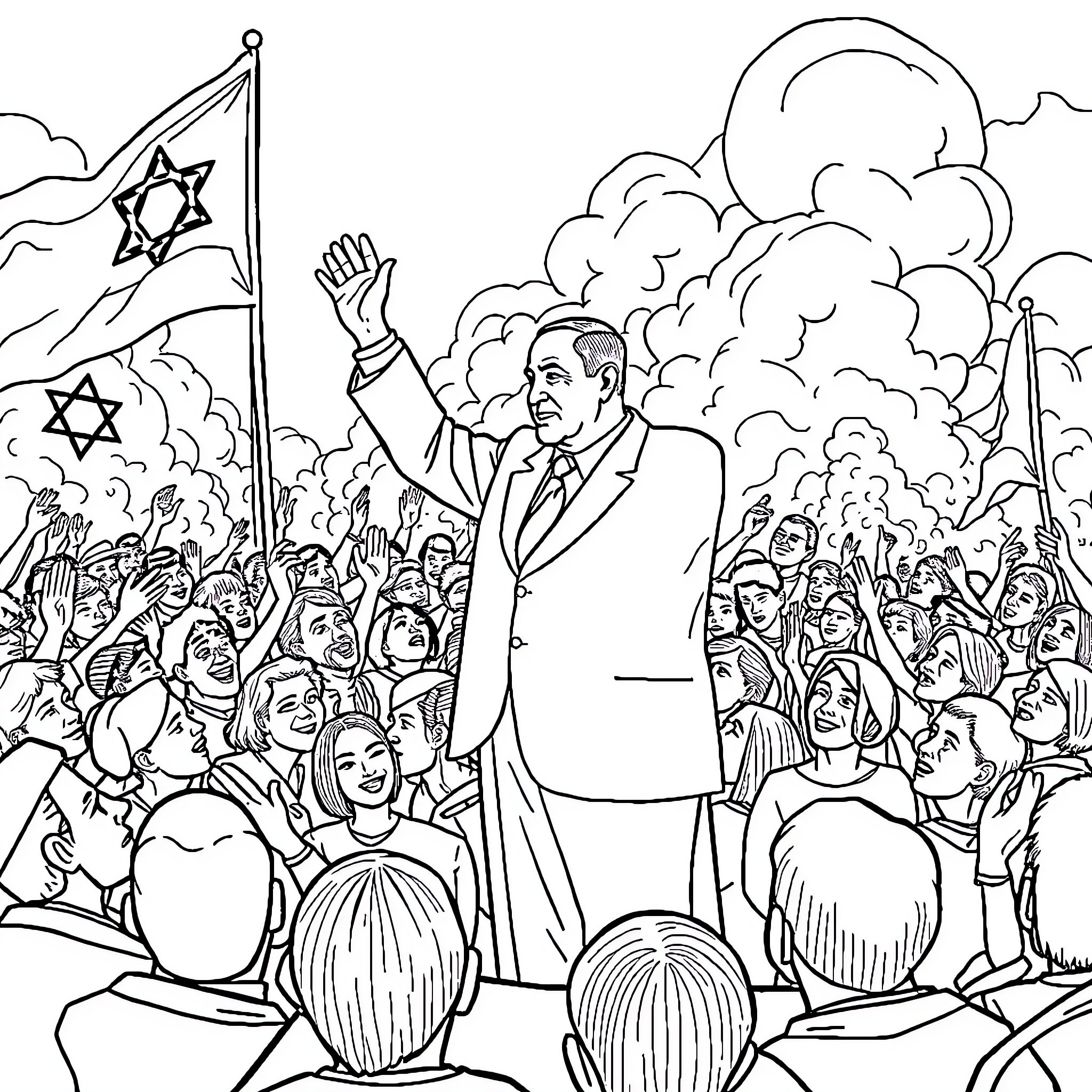 Netanyahu rallying supporters in a crowd Coloring Page (free black-and-white line drawing printable PDF for all, from beginners to advanced learners, including children, teens, adults, and seniors)