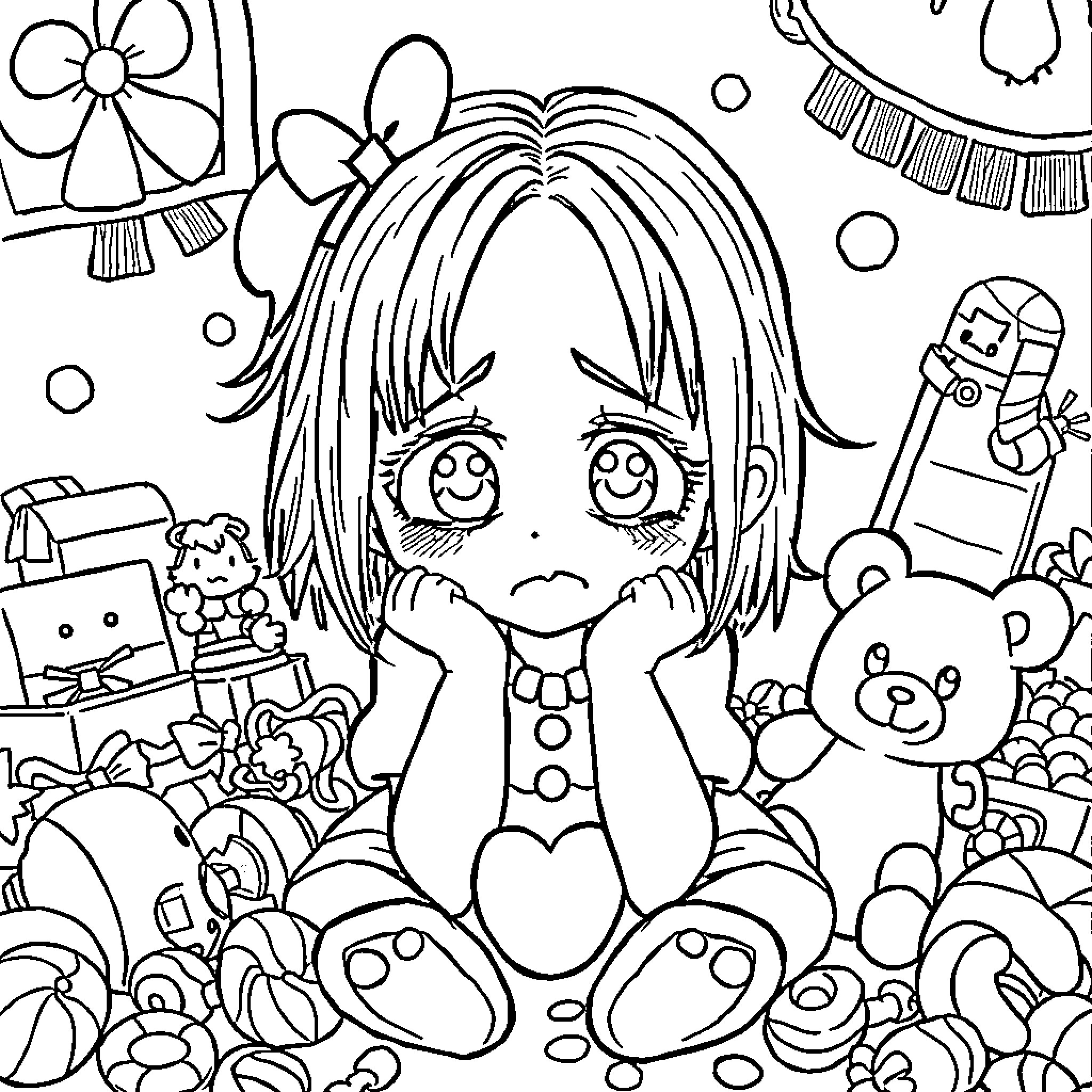 Melanie Martinez surrounded by whimsical toys and accessories Coloring Page (free black-and-white line drawing printable PDF for all, from beginners to advanced learners, including children, teens, adults, and seniors)