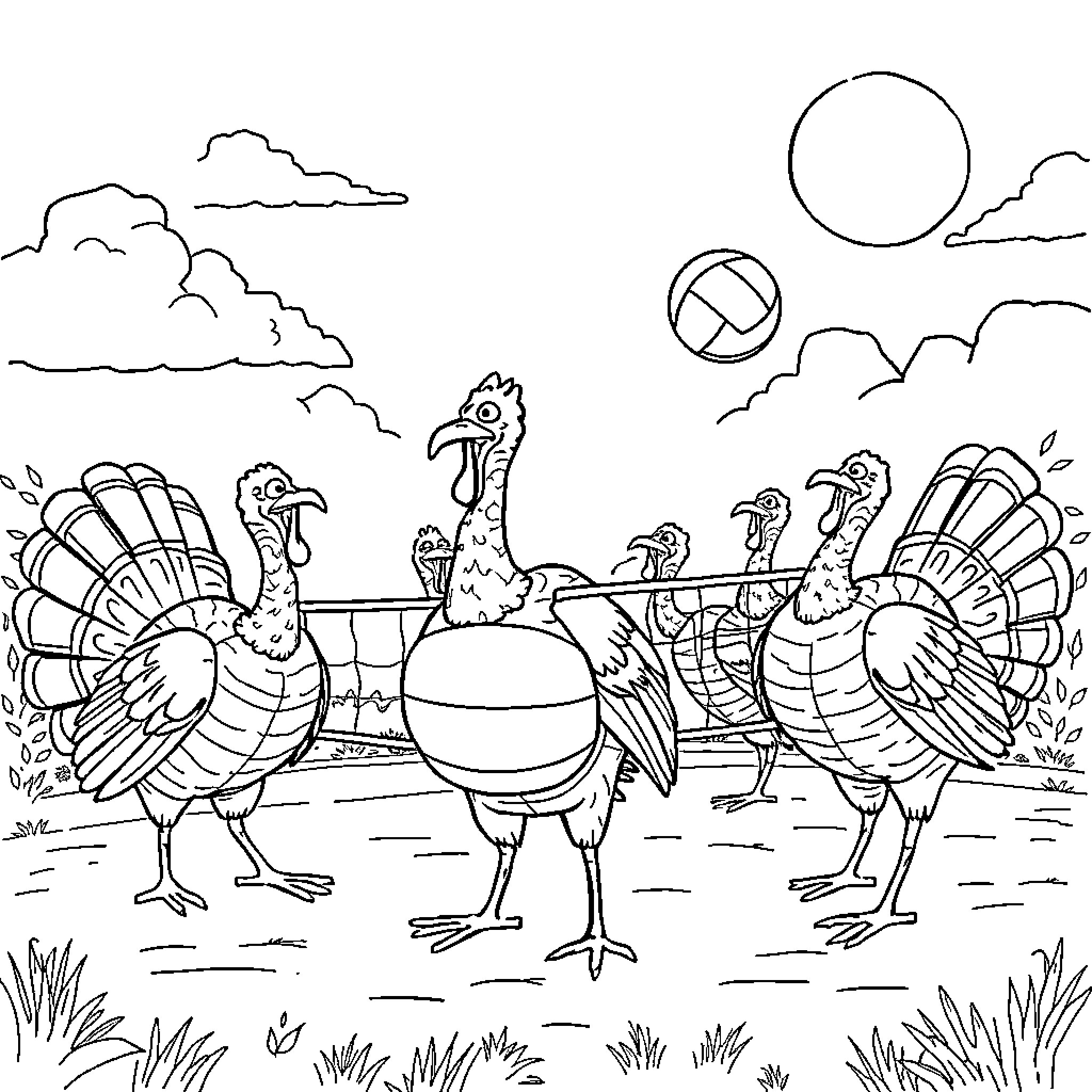 Turkey Flock Strutting in the Countryside Coloring Page (free black-and-white line drawing printable PDF for all, from beginners to advanced learners, including children, teens, adults, and seniors)