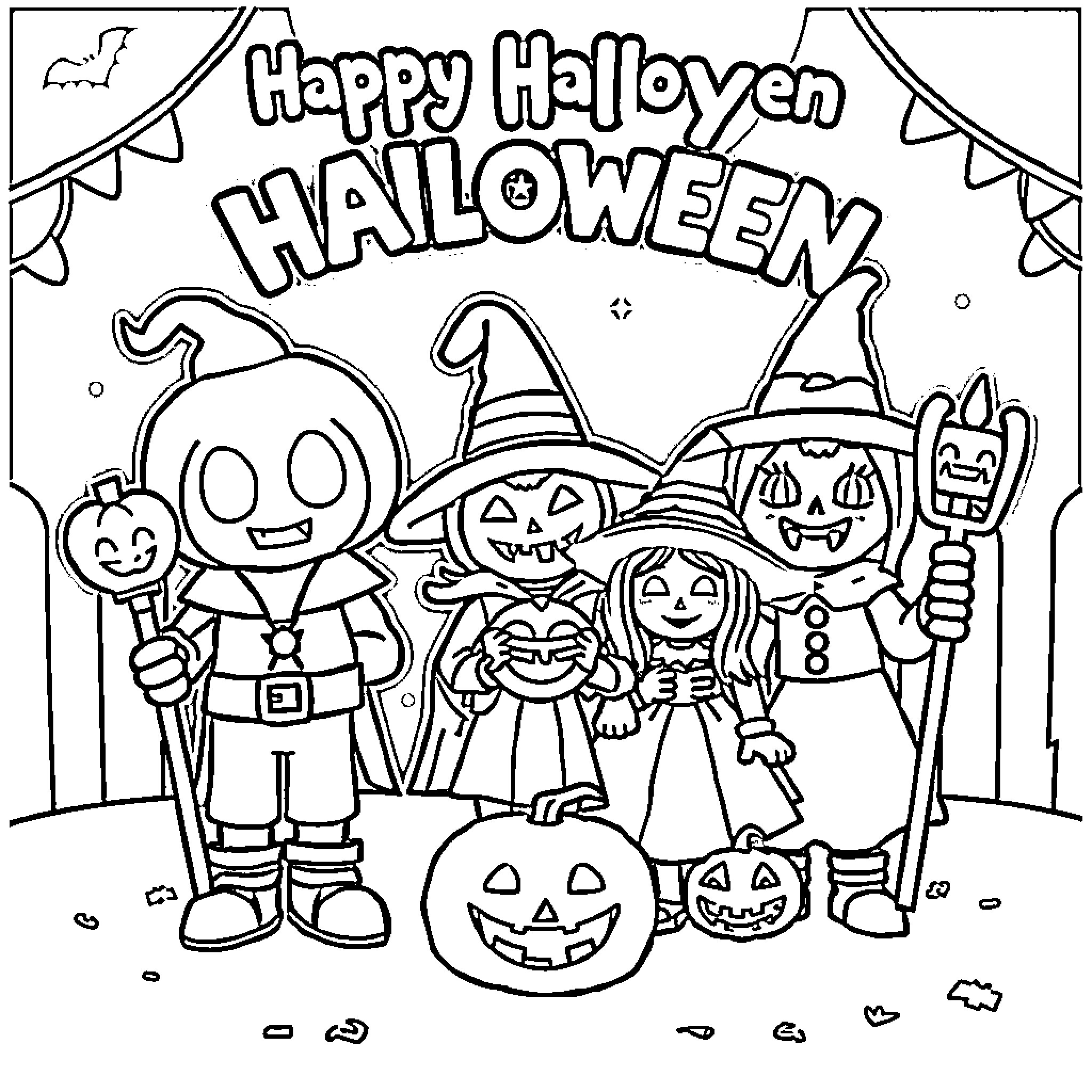 Numberblock characters celebrating Halloween Coloring Page (free black-and-white line drawing printable PDF for all, from beginners to advanced learners, including children, teens, adults, and seniors)