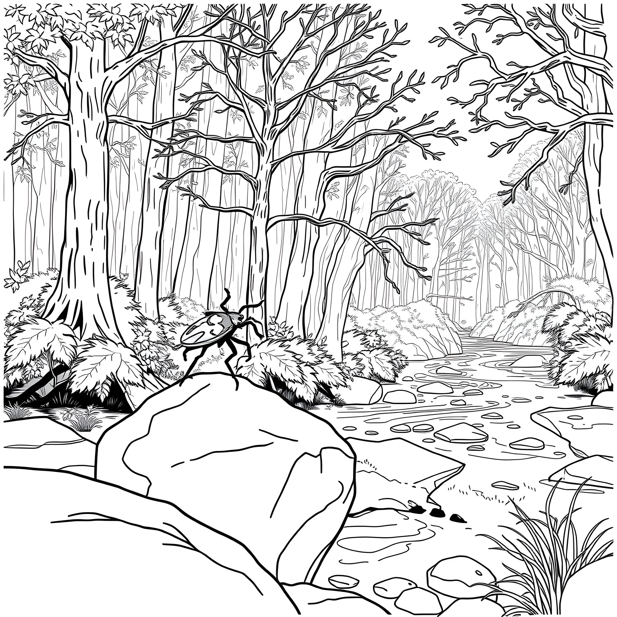 Tick Trekking through Tranquil Woodland Terrain Coloring Page (free black-and-white line drawing printable PDF for all, from beginners to advanced learners, including children, teens, adults, and seniors)