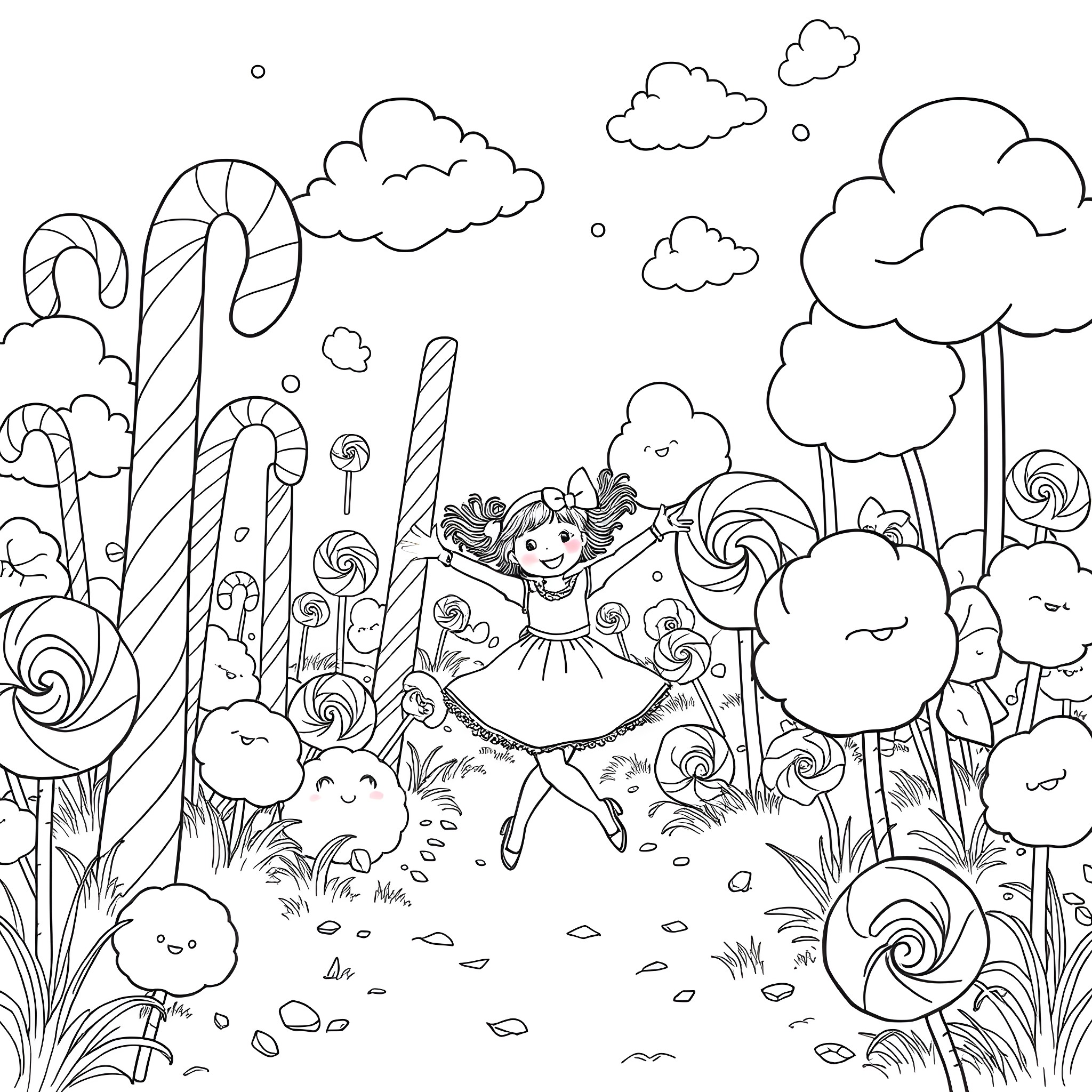 Girl exploring a whimsical candy-themed landscape Coloring Page (free black-and-white line drawing printable PDF for all, from beginners to advanced learners, including children, teens, adults, and seniors)