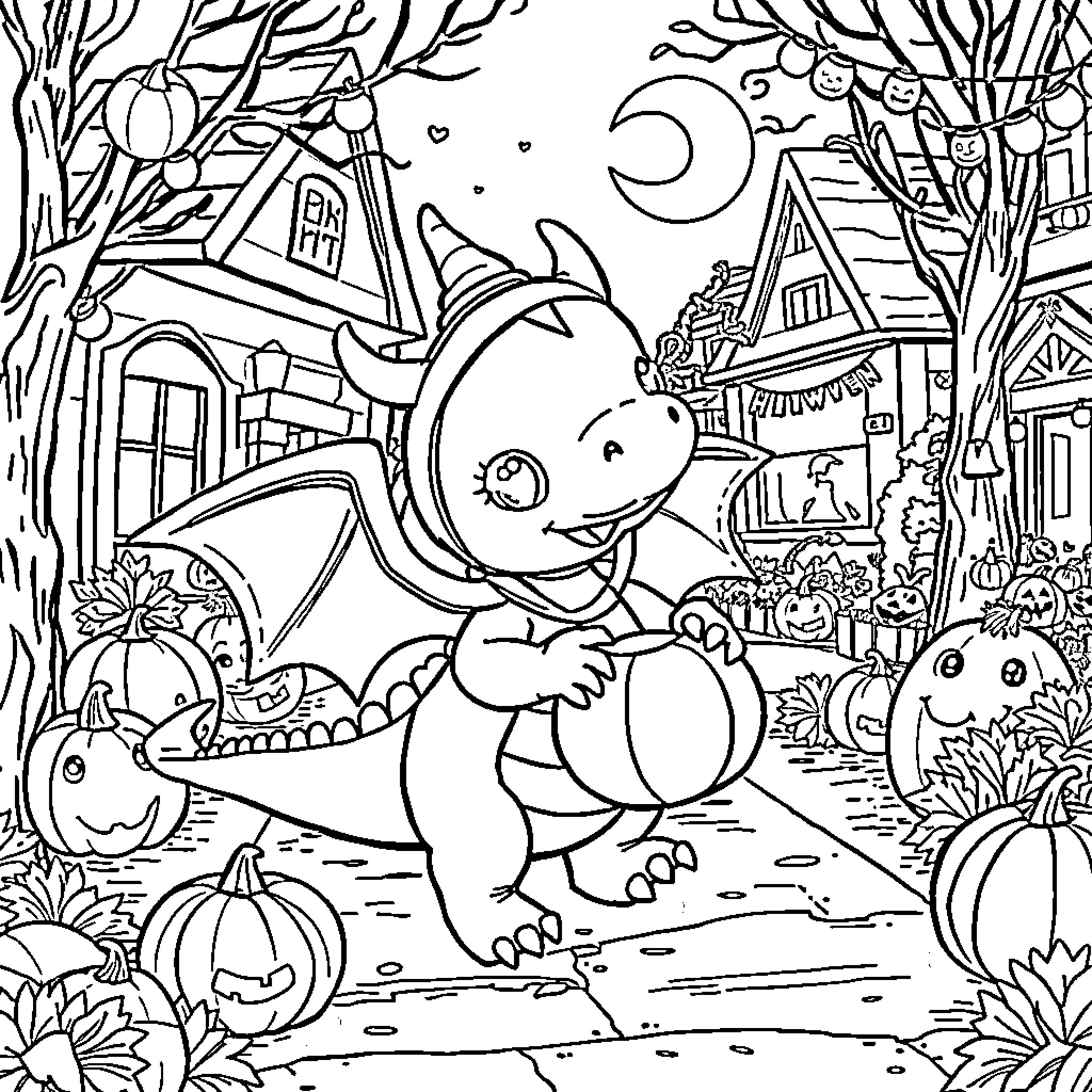 Dragon Creature Explores Haunted Halloween Town Coloring Page (free black-and-white line drawing printable PDF for all, from beginners to advanced learners, including children, teens, adults, and seniors)