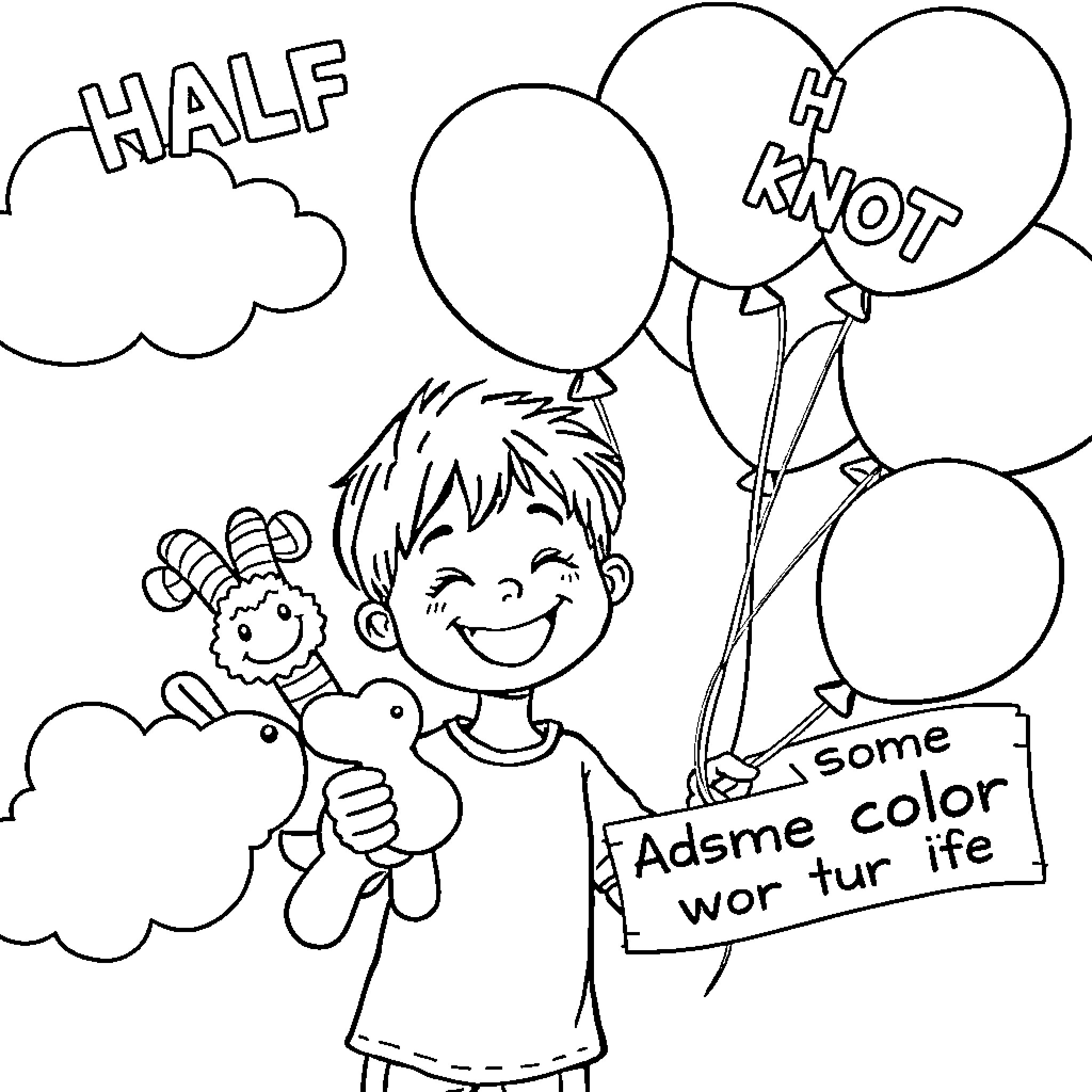 Kid with toys and balloons having fun Coloring Page (free black-and-white line drawing printable PDF for all, from beginners to advanced learners, including children, teens, adults, and seniors)