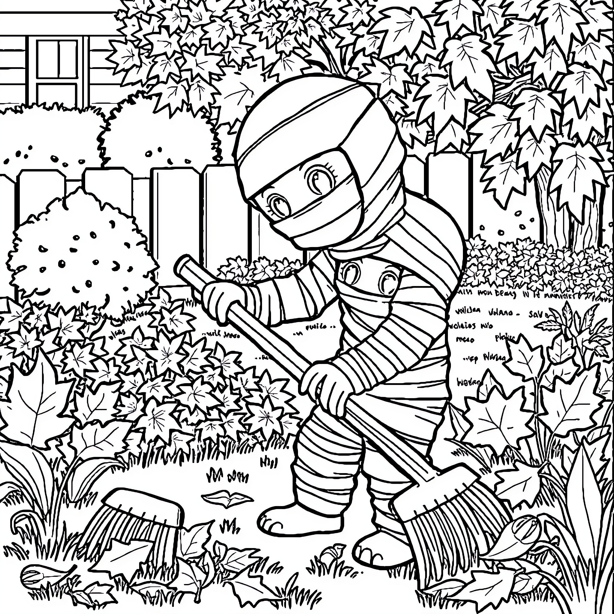 Mummy Gardening Happily in Autumn Leaves Coloring Page (free black-and-white line drawing printable PDF for all, from beginners to advanced learners, including children, teens, adults, and seniors)