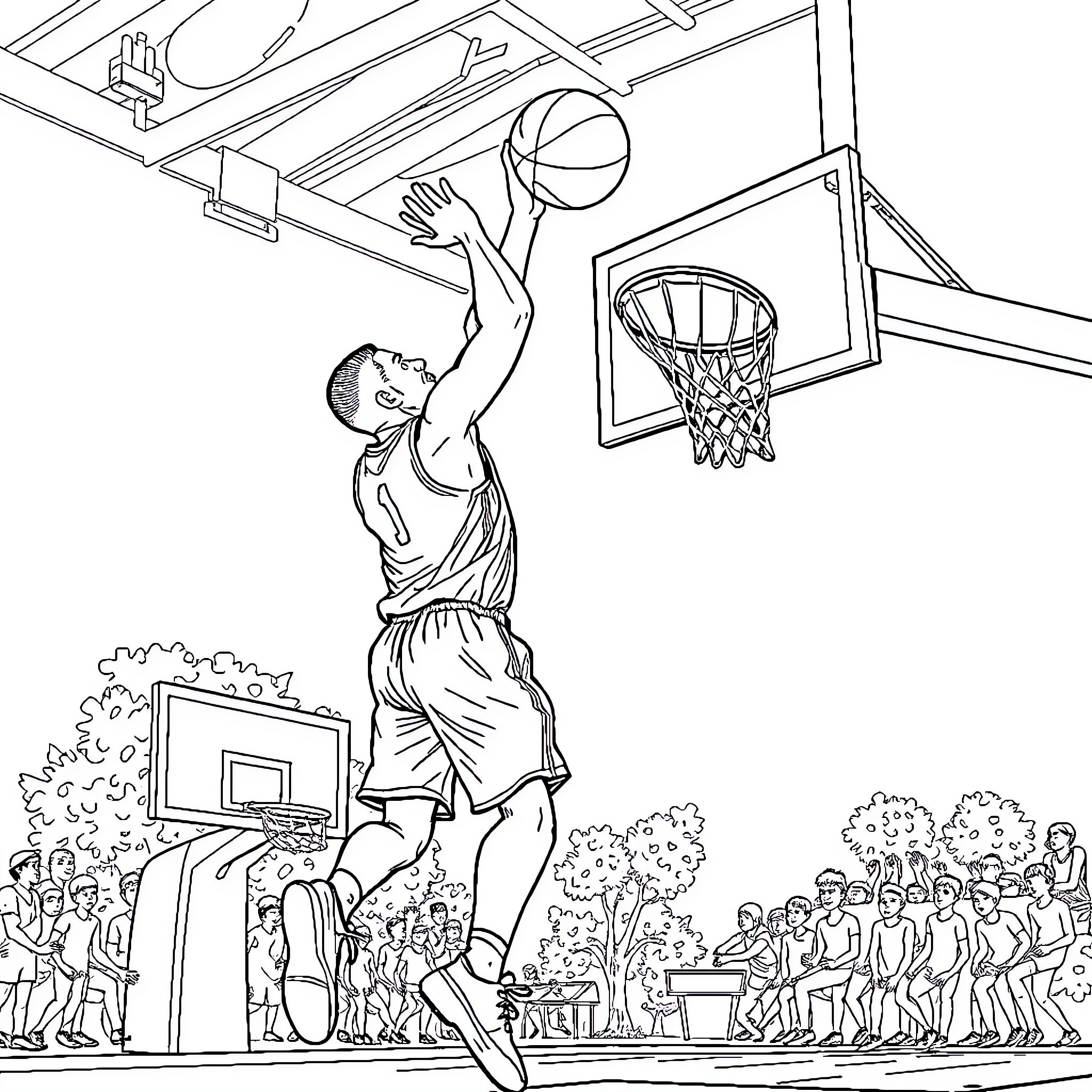 Basketball Player Dunking the Ball on Outdoor Court Coloring Page (free black-and-white line drawing printable PDF for all, from beginners to advanced learners, including children, teens, adults, and seniors)