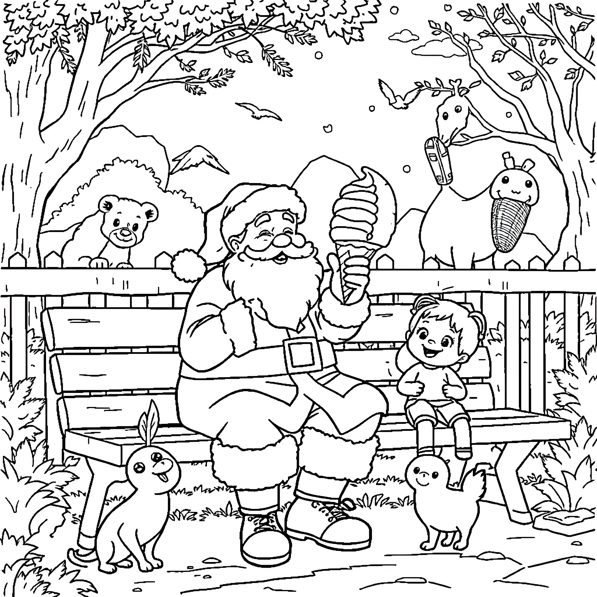 Santa's Jolly Gathering in the Enchanted Forest Coloring Page (free black-and-white line drawing printable PDF for all, from beginners to advanced learners, including children, teens, adults, and seniors)