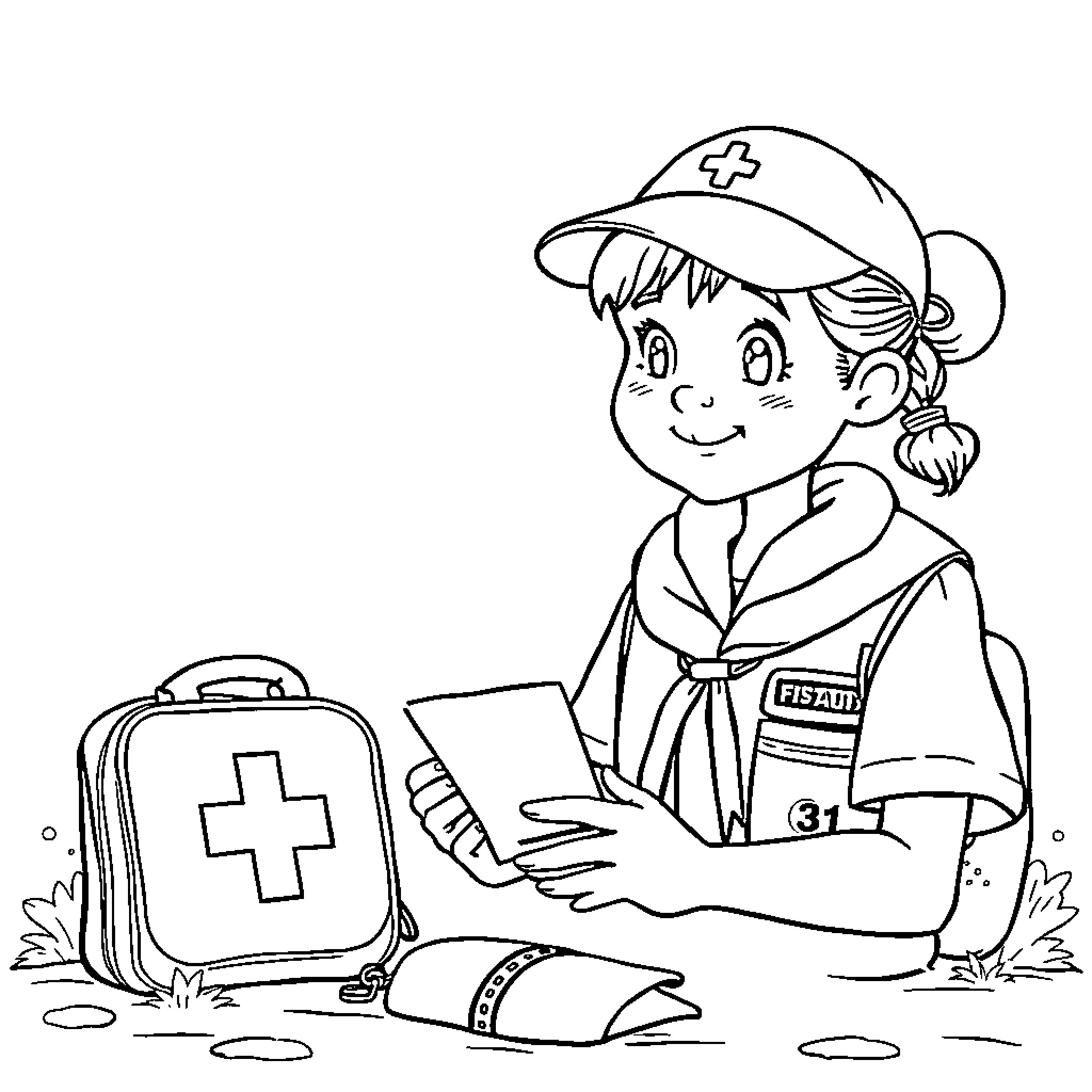 Girl Scout First Aid Assistant Helping in the Field Coloring Page (free black-and-white line drawing printable PDF for all, from beginners to advanced learners, including children, teens, adults, and seniors)