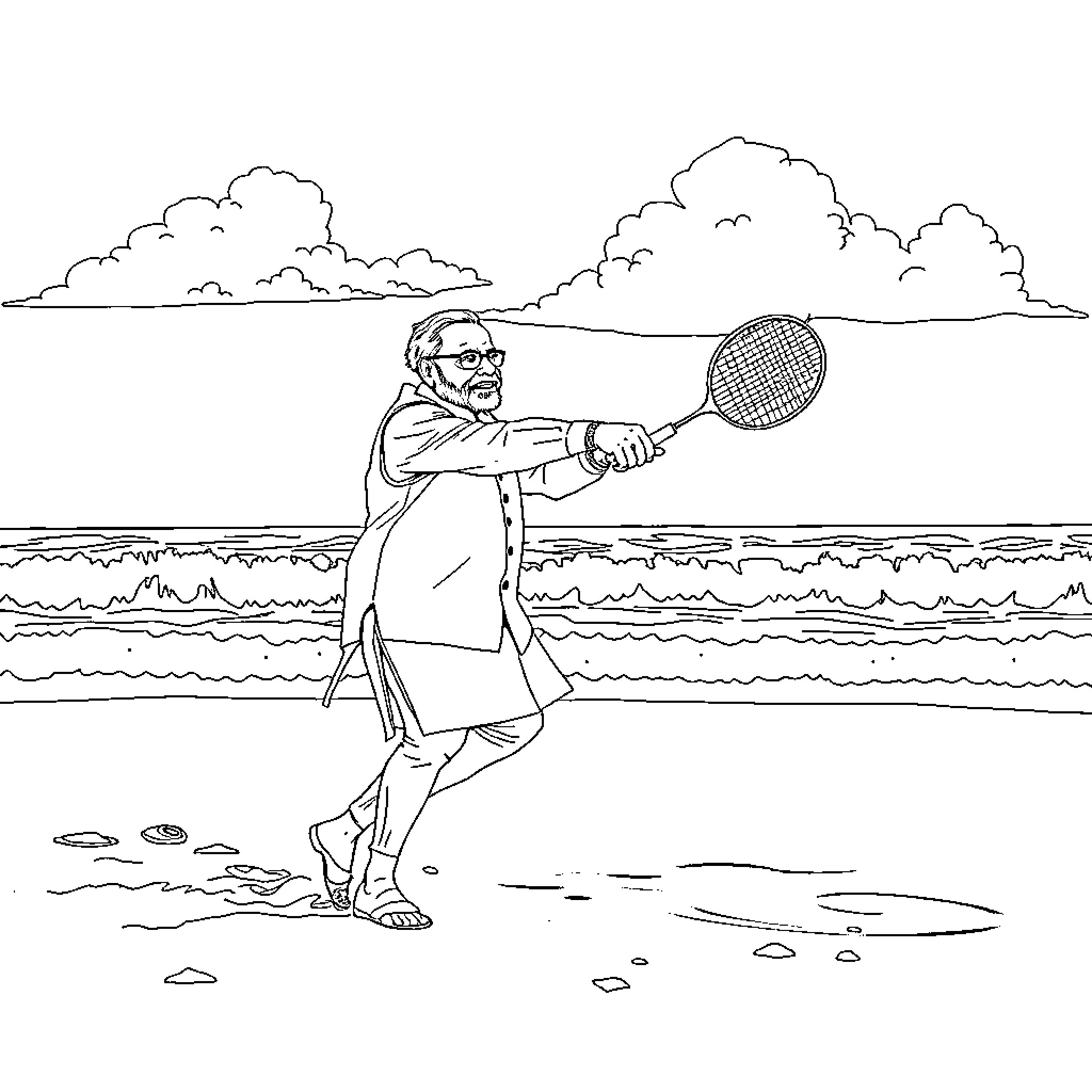 Modi playing tennis on the beach Coloring Page (free black-and-white line drawing printable PDF for all, from beginners to advanced learners, including children, teens, adults, and seniors)