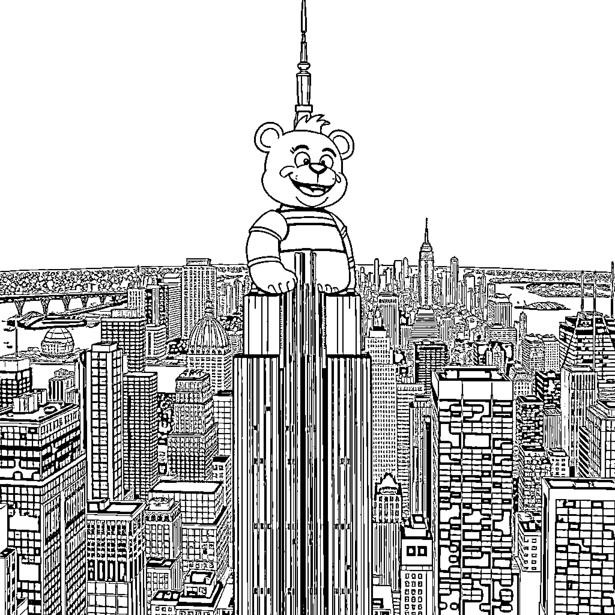 Freddy Fazbear towering over the city skyline Coloring Page (free black-and-white line drawing printable PDF for all, from beginners to advanced learners, including children, teens, adults, and seniors)