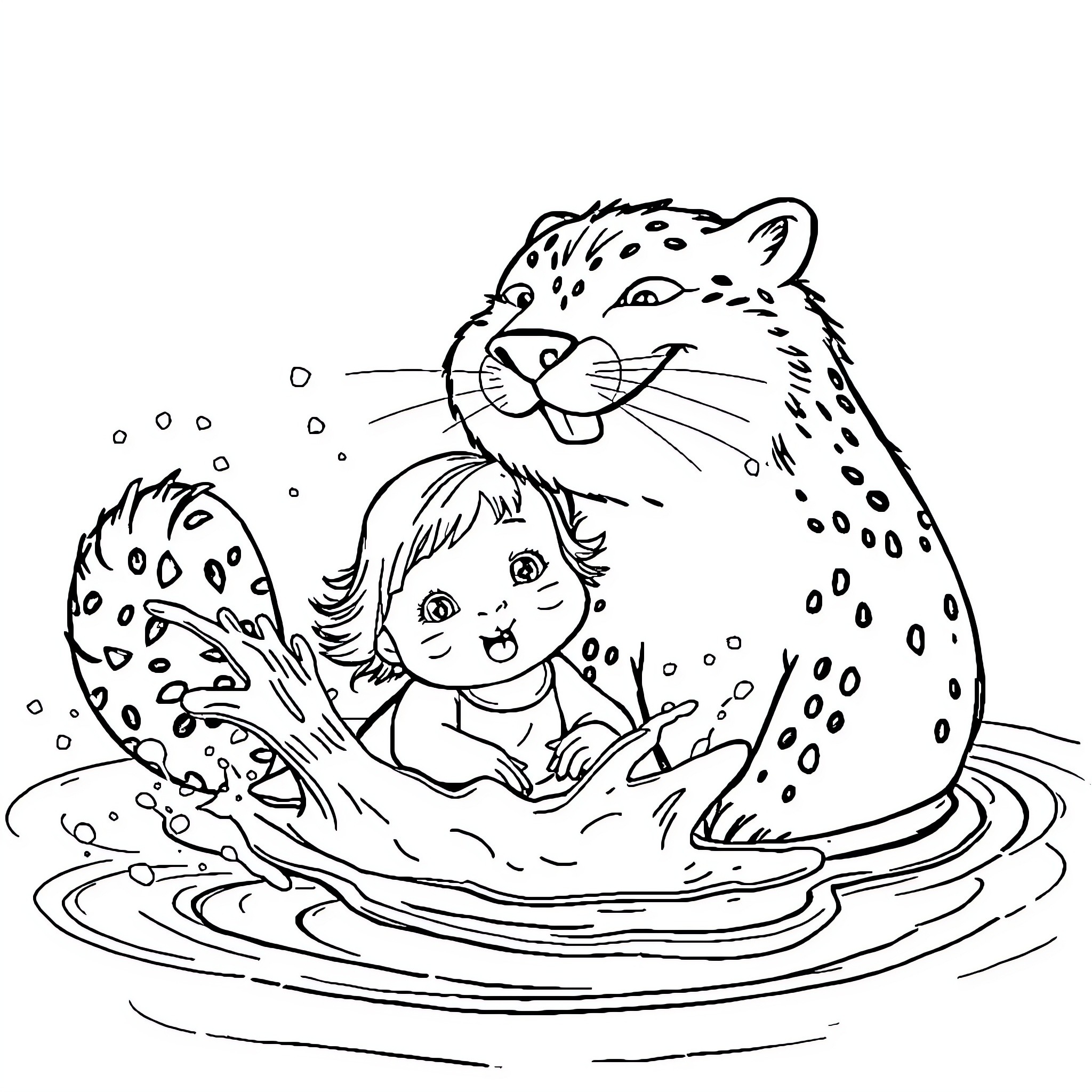 Otter and child playing happily in the water Coloring Page (free black-and-white line drawing printable PDF for all, from beginners to advanced learners, including children, teens, adults, and seniors)
