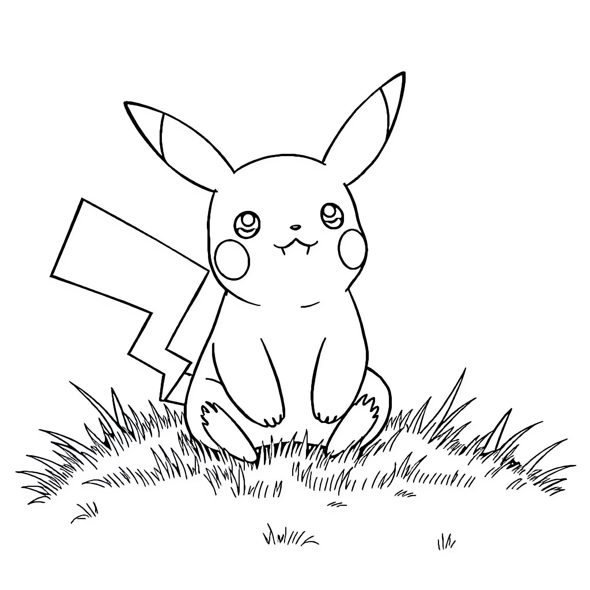 Pikachu playing in the grass Coloring Page (free black-and-white line drawing printable PDF for all, from beginners to advanced learners, including children, teens, adults, and seniors)