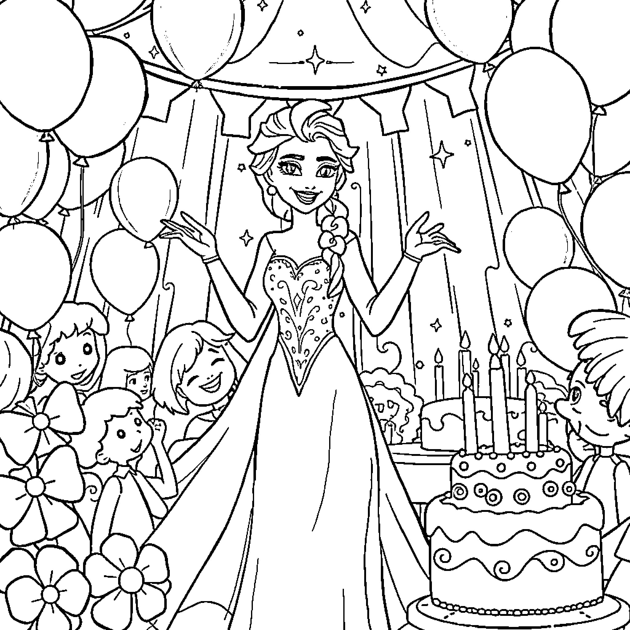 Elsa's Joyful Birthday Celebration Coloring Page (free black-and-white line drawing printable PDF for all, from beginners to advanced learners, including children, teens, adults, and seniors)