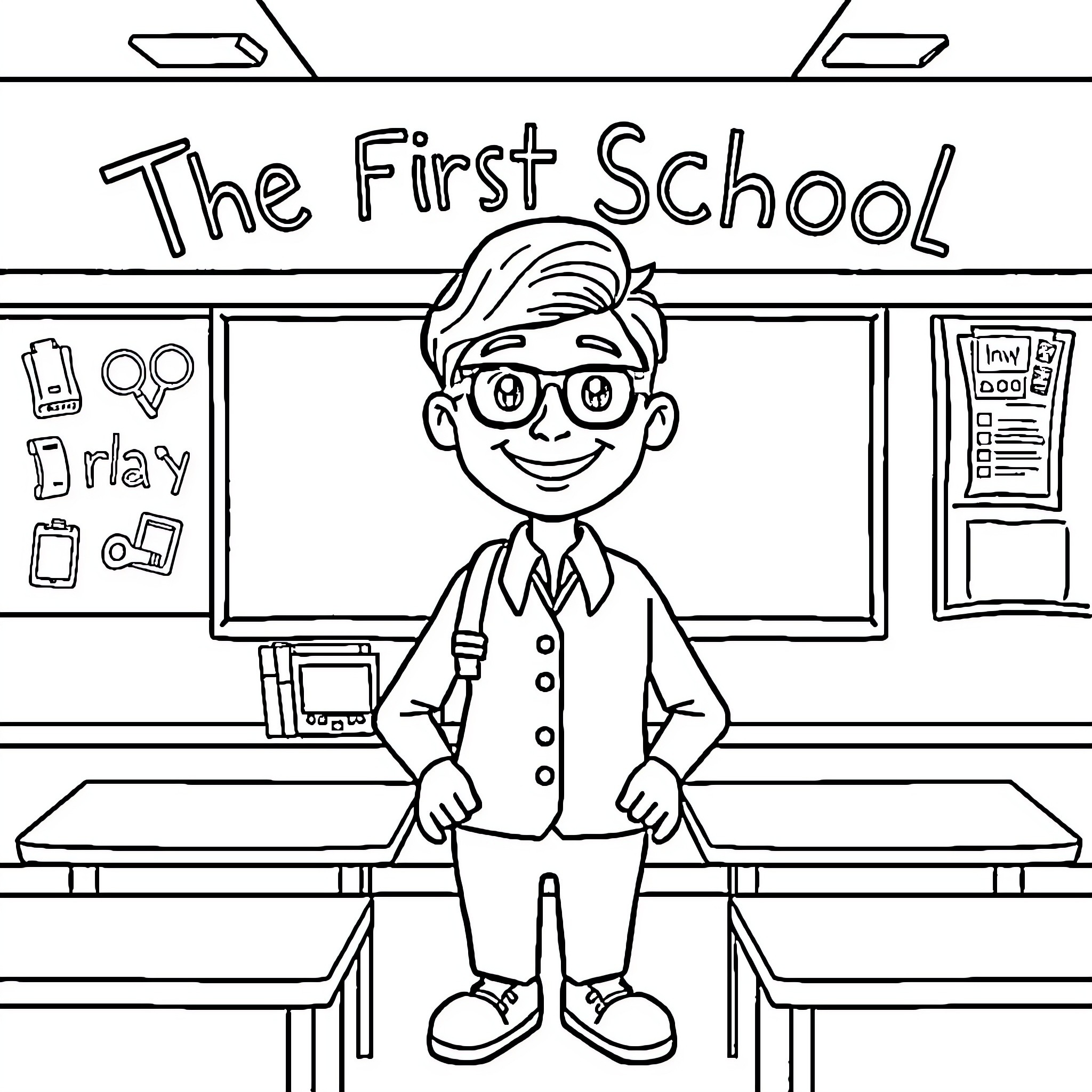 Teacher welcomes students on the first day of school Coloring Page (free black-and-white line drawing printable PDF for all, from beginners to advanced learners, including children, teens, adults, and seniors)