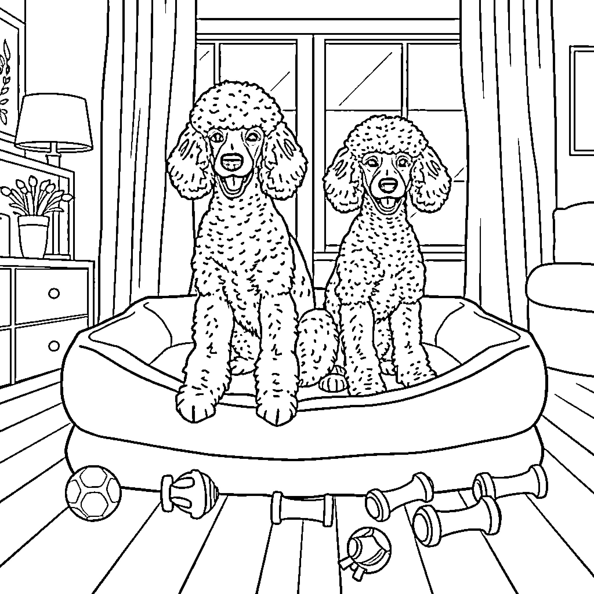 Poodles relaxing on their dog bed Coloring Page (free black-and-white line drawing printable PDF for all, from beginners to advanced learners, including children, teens, adults, and seniors)