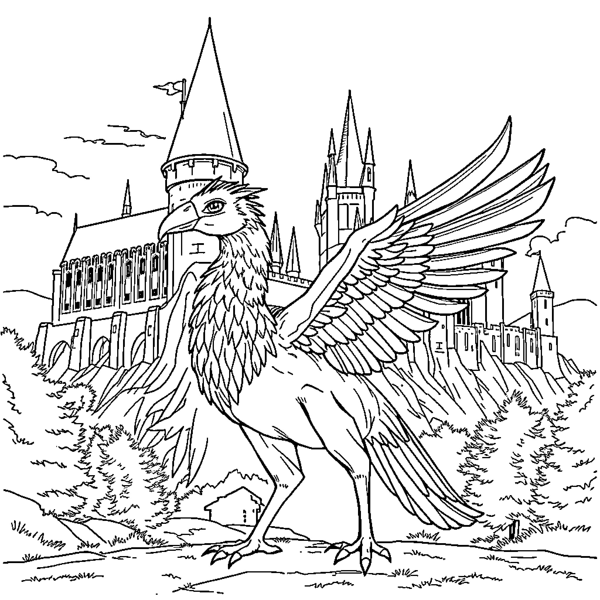 Buckbeak the Hippogriff soaring over Hogwarts Castle Coloring Page (free black-and-white line drawing printable PDF for all, from beginners to advanced learners, including children, teens, adults, and seniors)