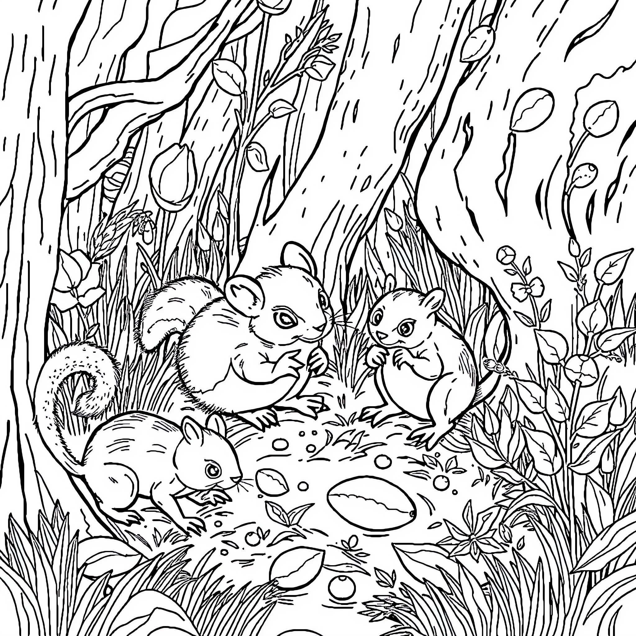 Critter's Cozy Forest Hideaway Coloring Page (free black-and-white line drawing printable PDF for all, from beginners to advanced learners, including children, teens, adults, and seniors)