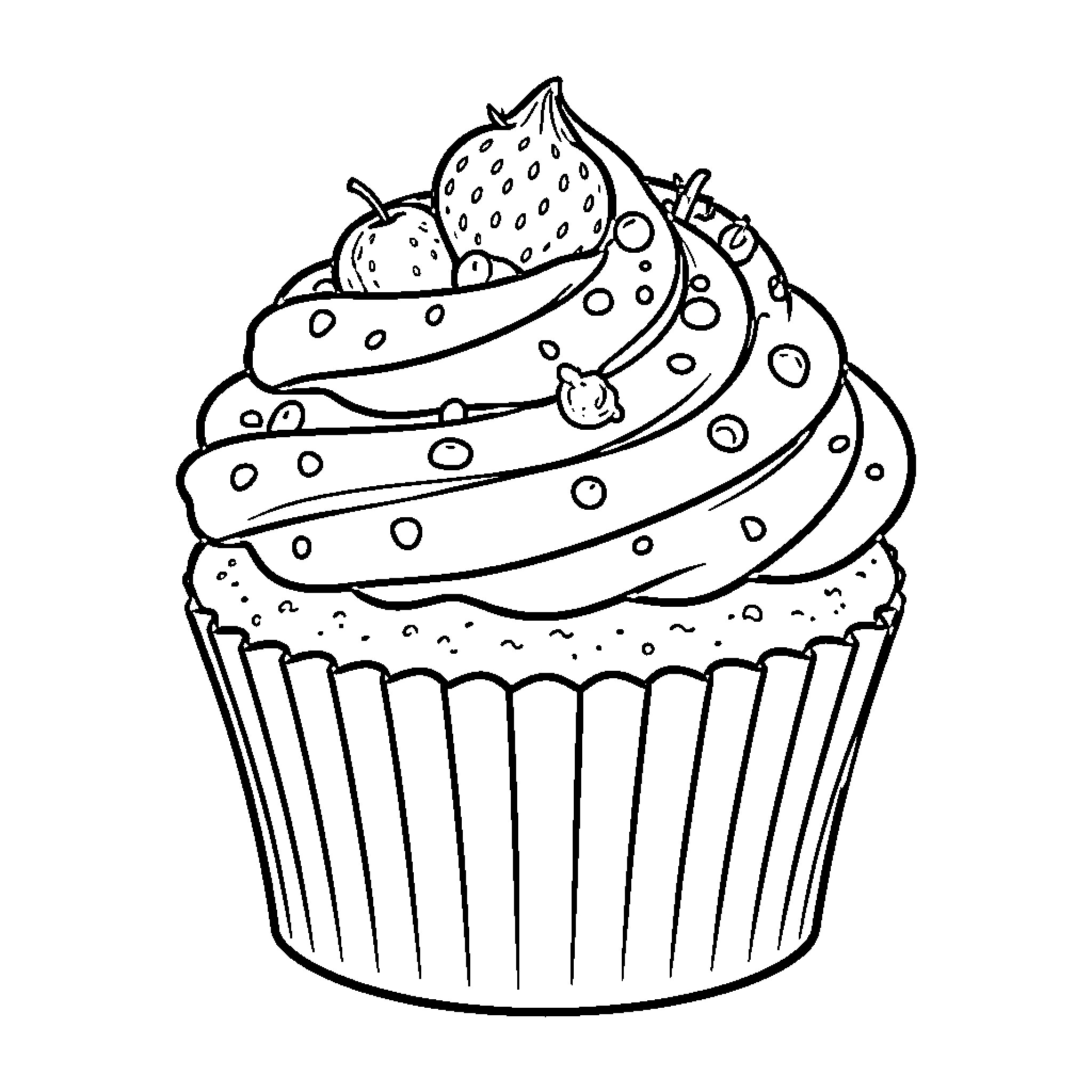 Cupcake topped with delicious berries and sprinkles Coloring Page (free black-and-white line drawing printable PDF for all, from beginners to advanced learners, including children, teens, adults, and seniors)