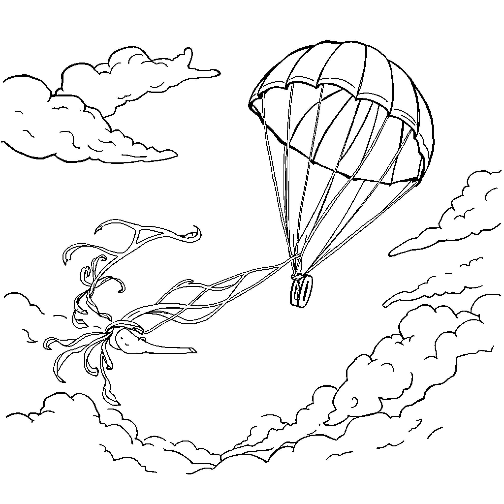 Umbrella parachutes float through the cloudy sky Coloring Page (free black-and-white line drawing printable PDF for all, from beginners to advanced learners, including children, teens, adults, and seniors)