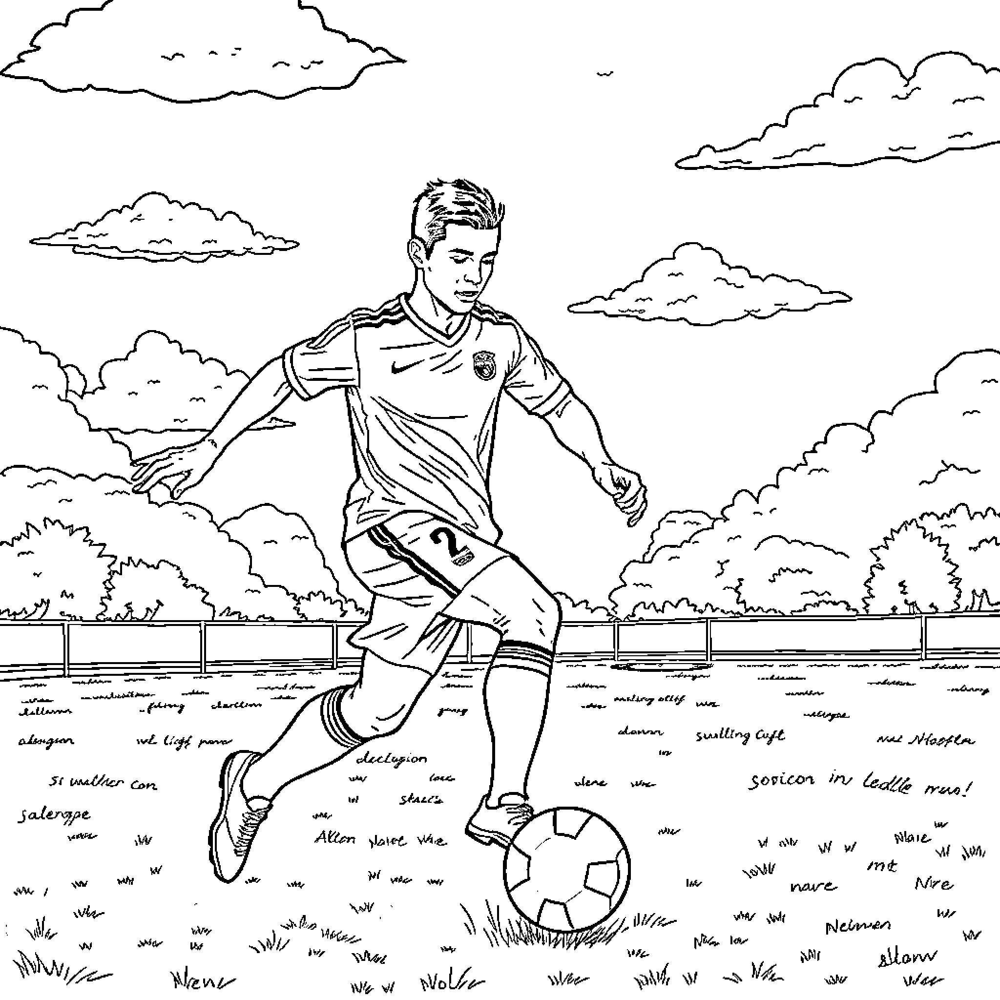 Ronaldo playing soccer on the field Coloring Page (free black-and-white line drawing printable PDF for all, from beginners to advanced learners, including children, teens, adults, and seniors)