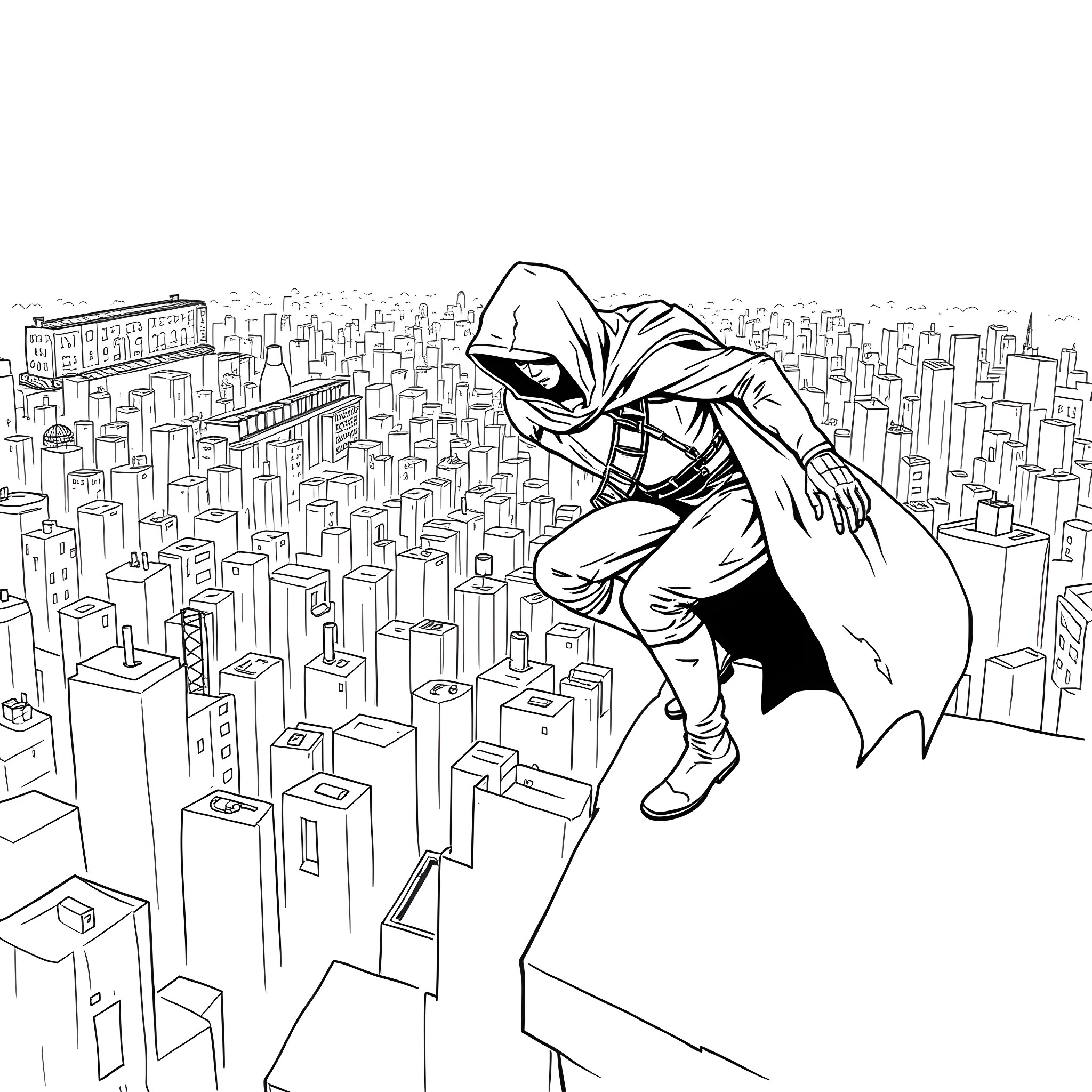 Assassin Surveying the City from Rooftop Coloring Page (free black-and-white line drawing printable PDF for all, from beginners to advanced learners, including children, teens, adults, and seniors)