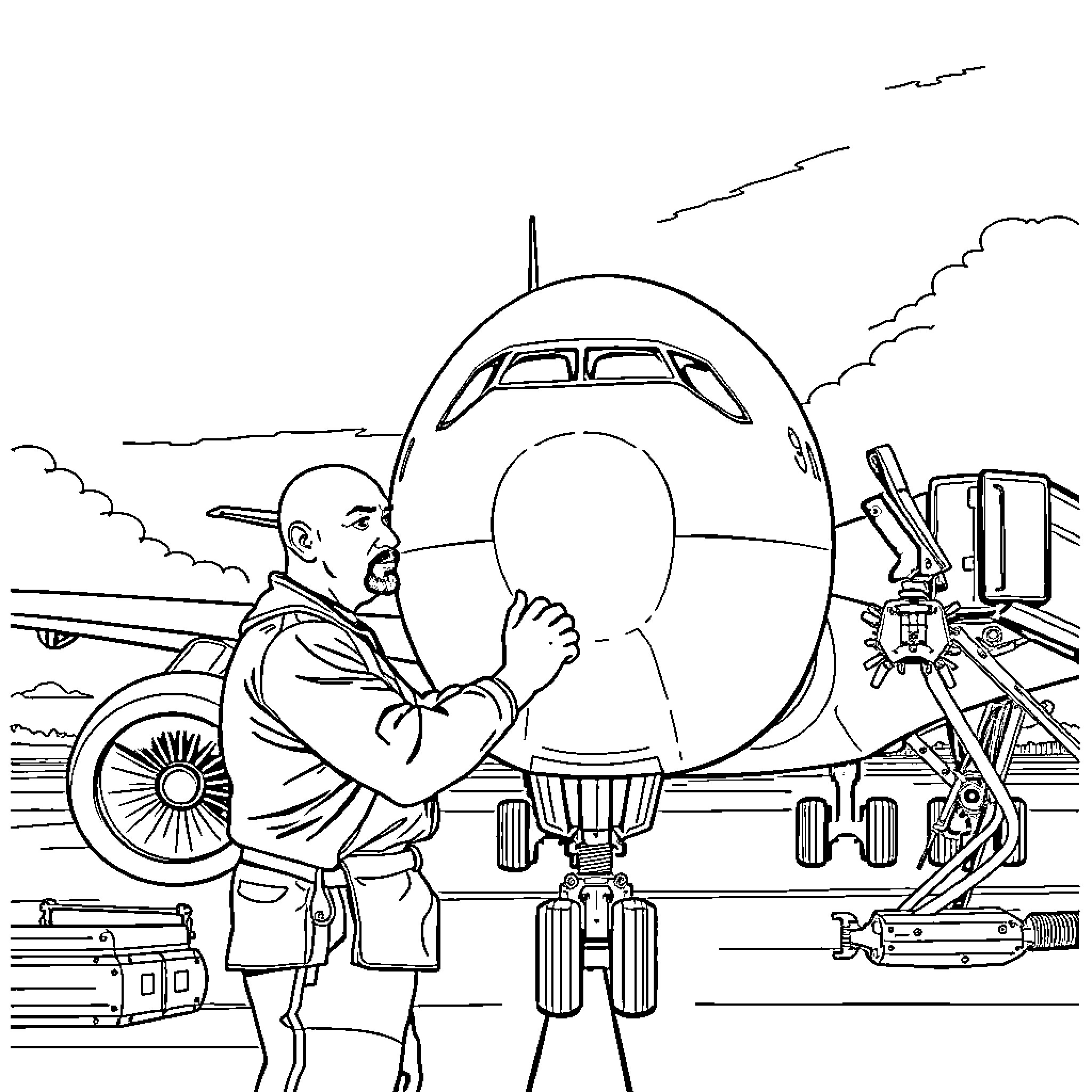 Aviation scene with a person working on an aircraft Coloring Page (free black-and-white line drawing printable PDF for all, from beginners to advanced learners, including children, teens, adults, and seniors)