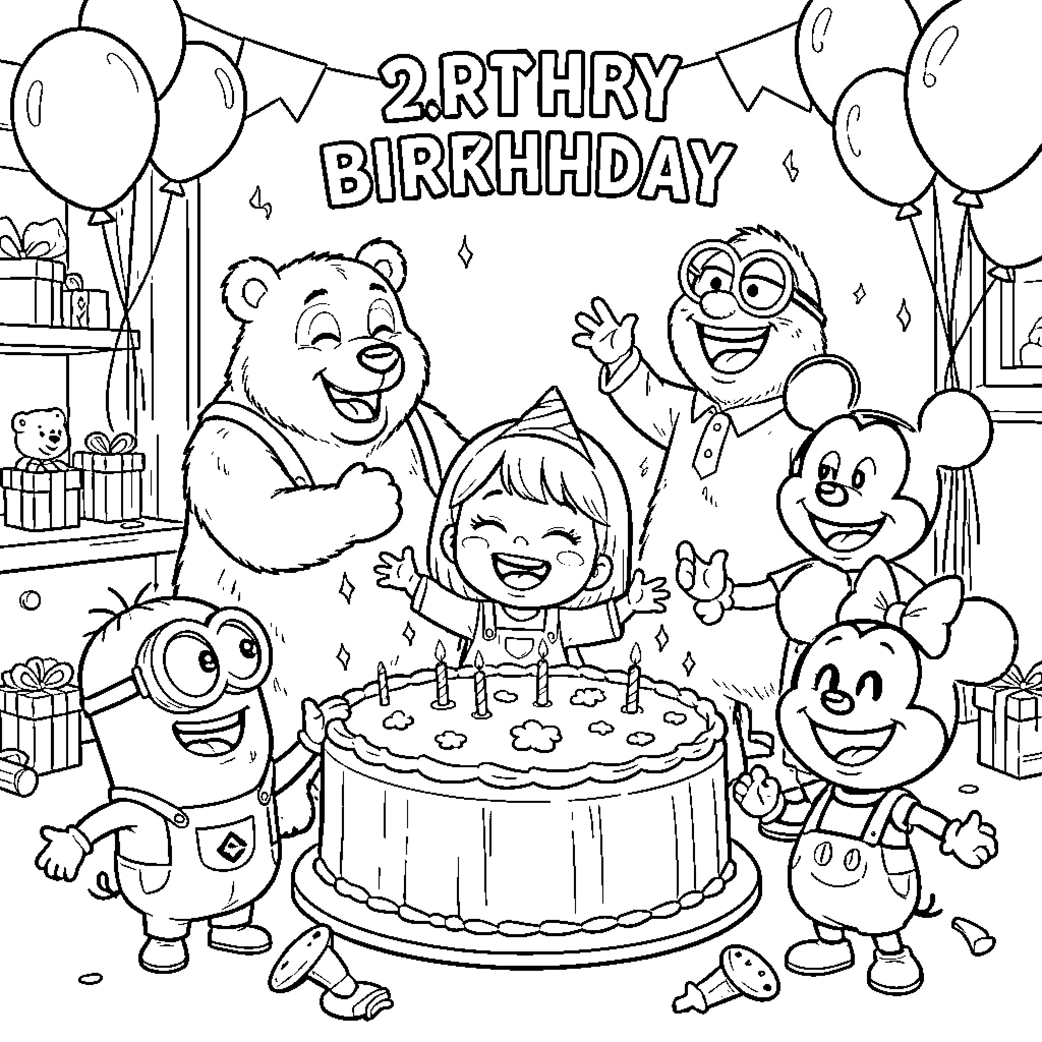 Birthday characters celebrating around a large cake Coloring Page (free black-and-white line drawing printable PDF for all, from beginners to advanced learners, including children, teens, adults, and seniors)