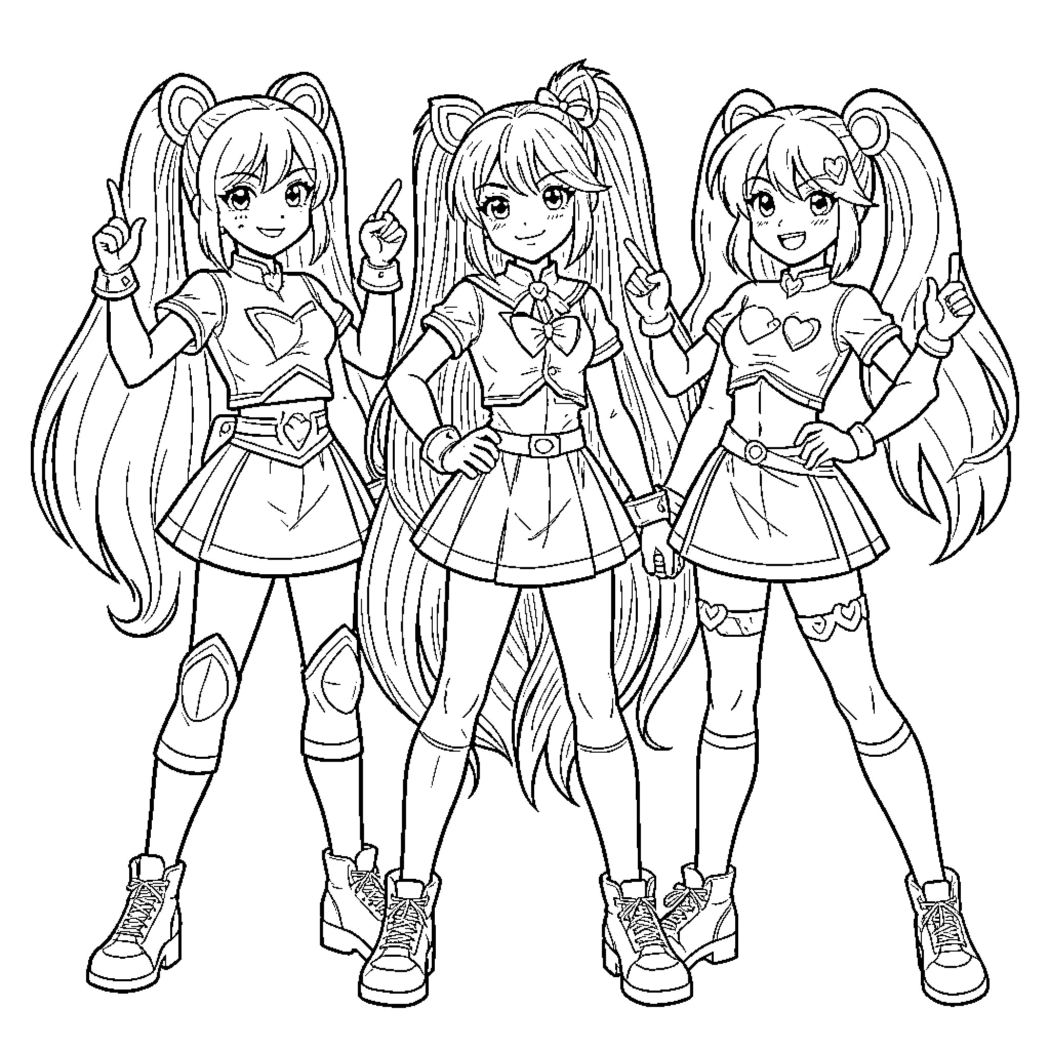 Lolirock characters posing together in magical outfits Coloring Page (free black-and-white line drawing printable PDF for all, from beginners to advanced learners, including children, teens, adults, and seniors)