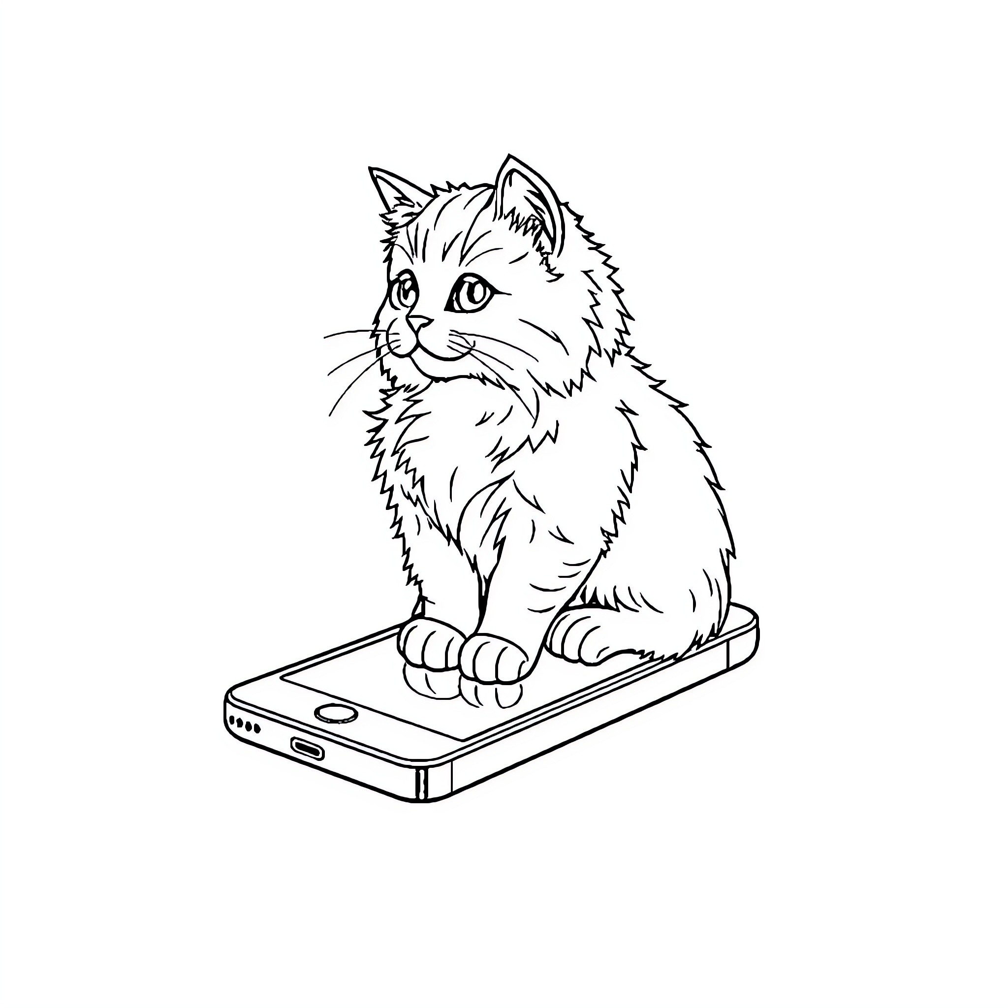 Cat sitting on a smartphone device Coloring Page (free black-and-white line drawing printable PDF for all, from beginners to advanced learners, including children, teens, adults, and seniors)