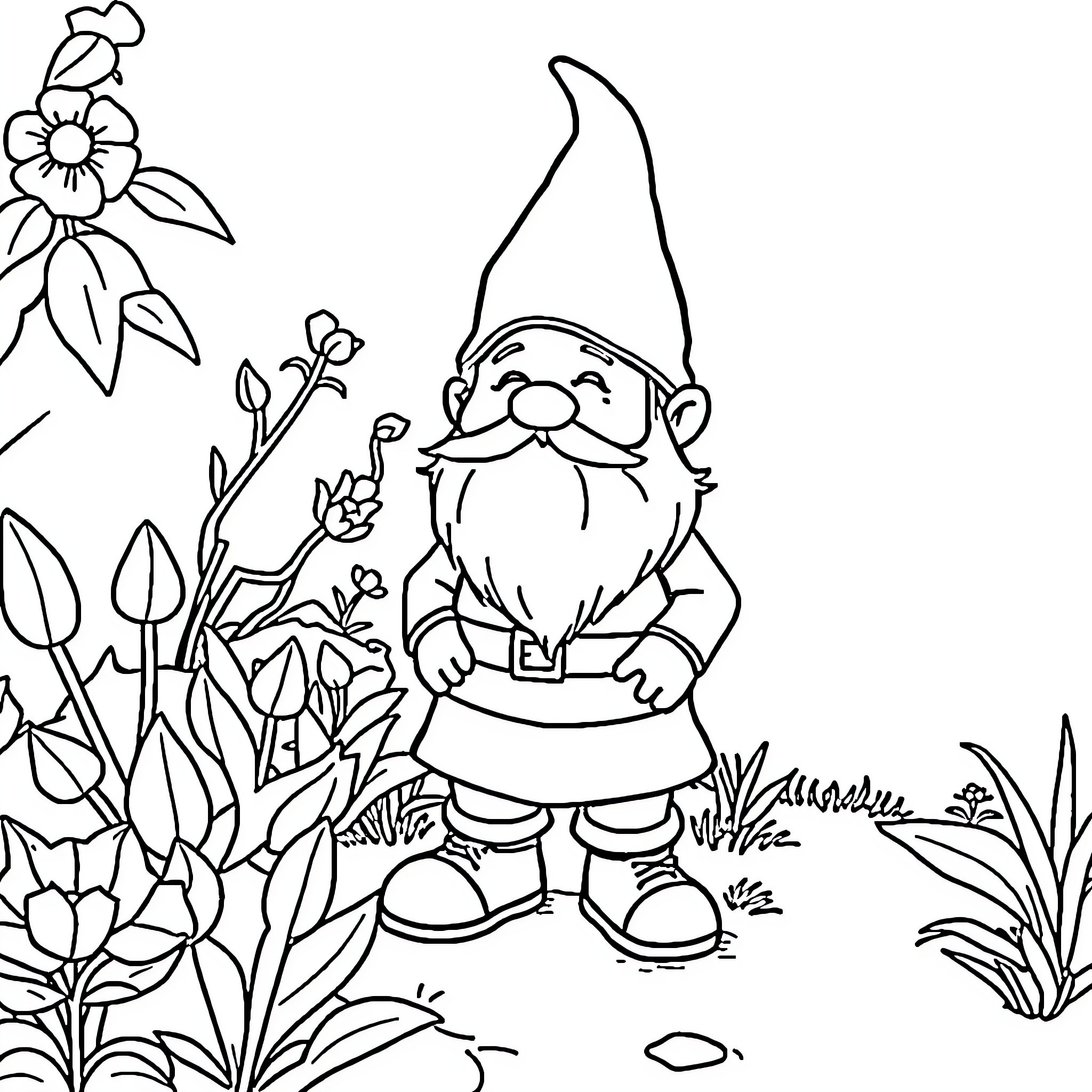 Gnome surrounded by flowers and plants Coloring Page (free black-and-white line drawing printable PDF for all, from beginners to advanced learners, including children, teens, adults, and seniors)