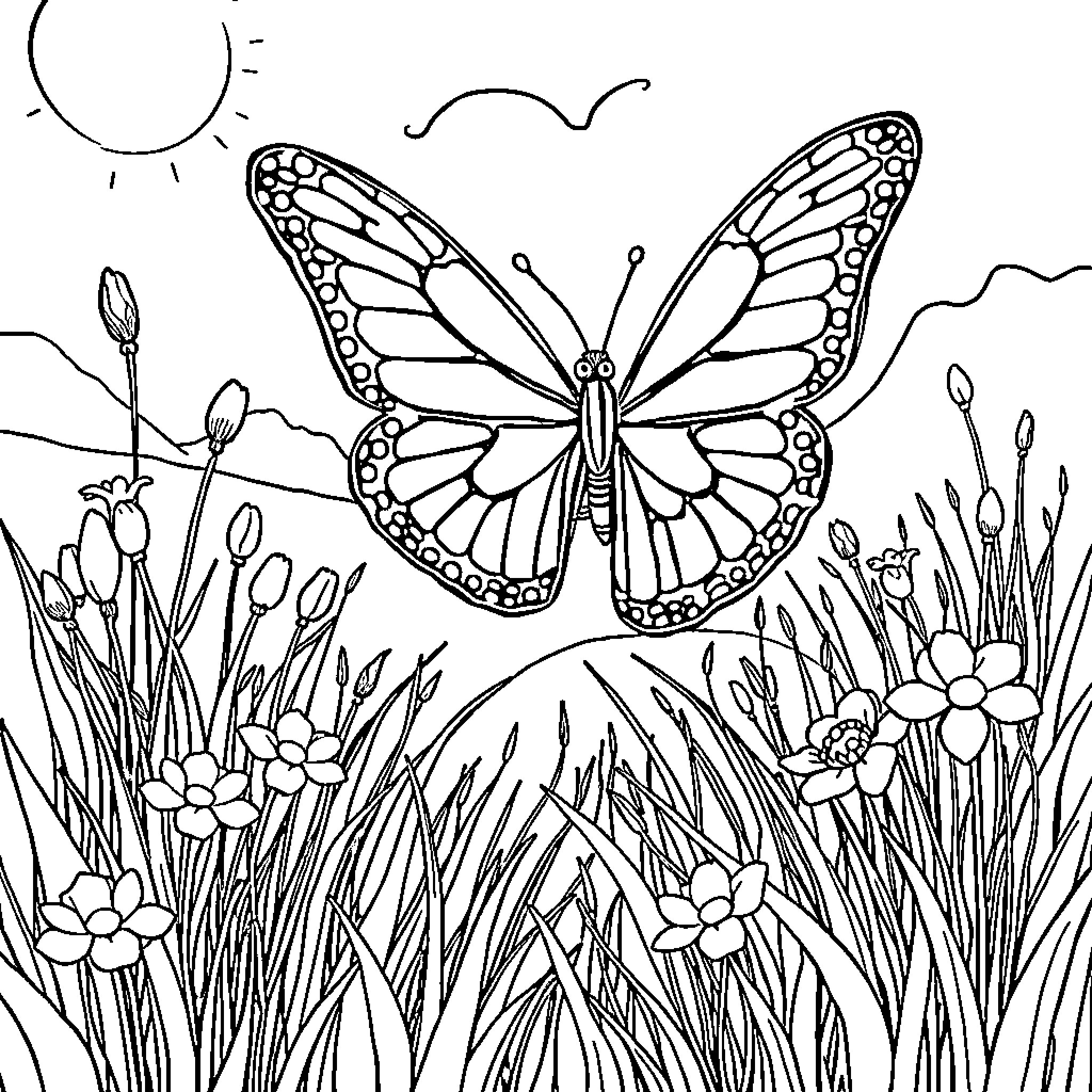 Butterfly flying in a floral garden Coloring Page (free black-and-white line drawing printable PDF for all, from beginners to advanced learners, including children, teens, adults, and seniors)